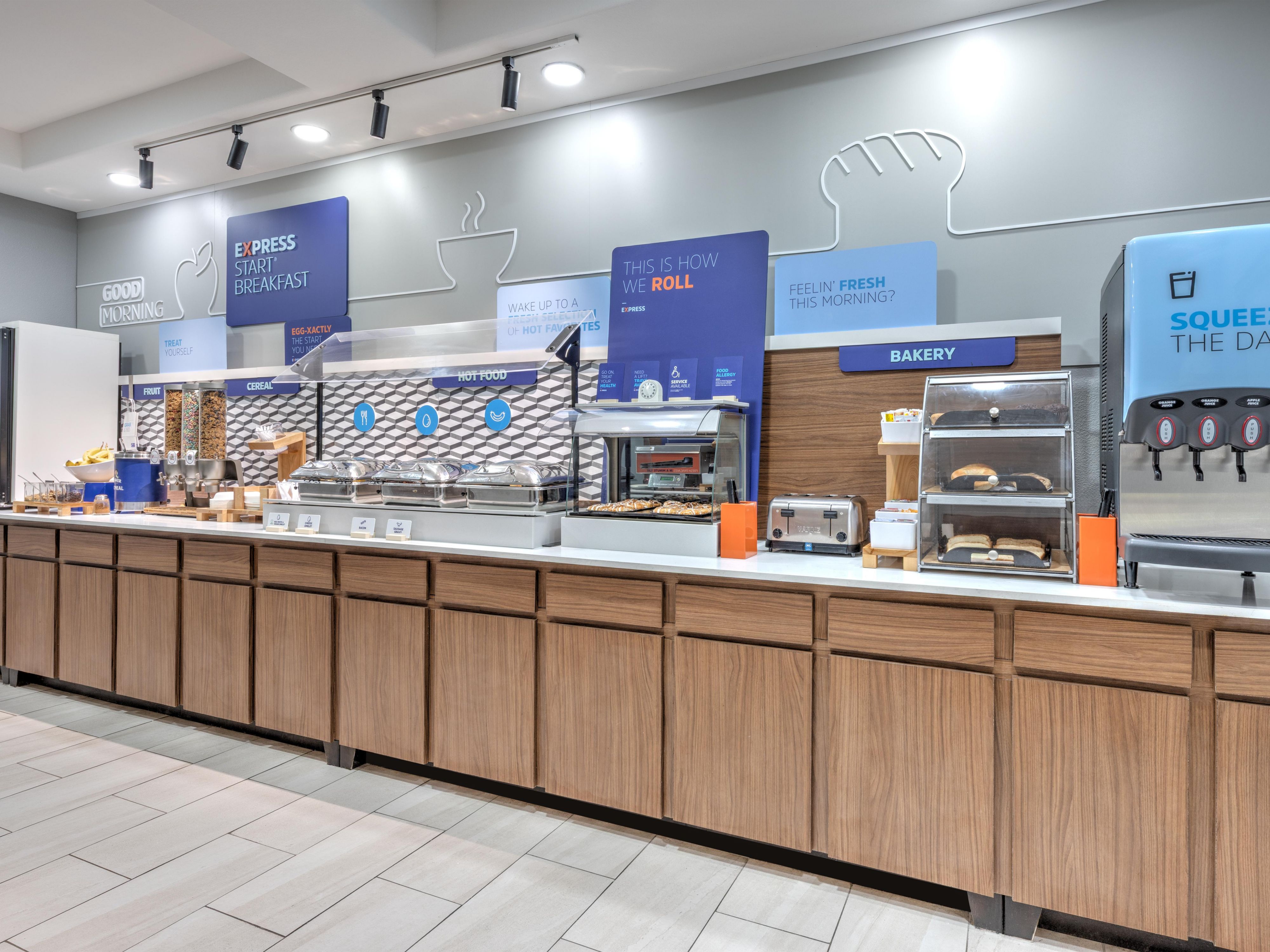 Our complimentary Express Start Breakfast bar offers a wide variety of hot & cold options including a rotation of egg & meat selections, biscuits or muffins, our famous cinnamon rolls & Smart Roast coffee. 