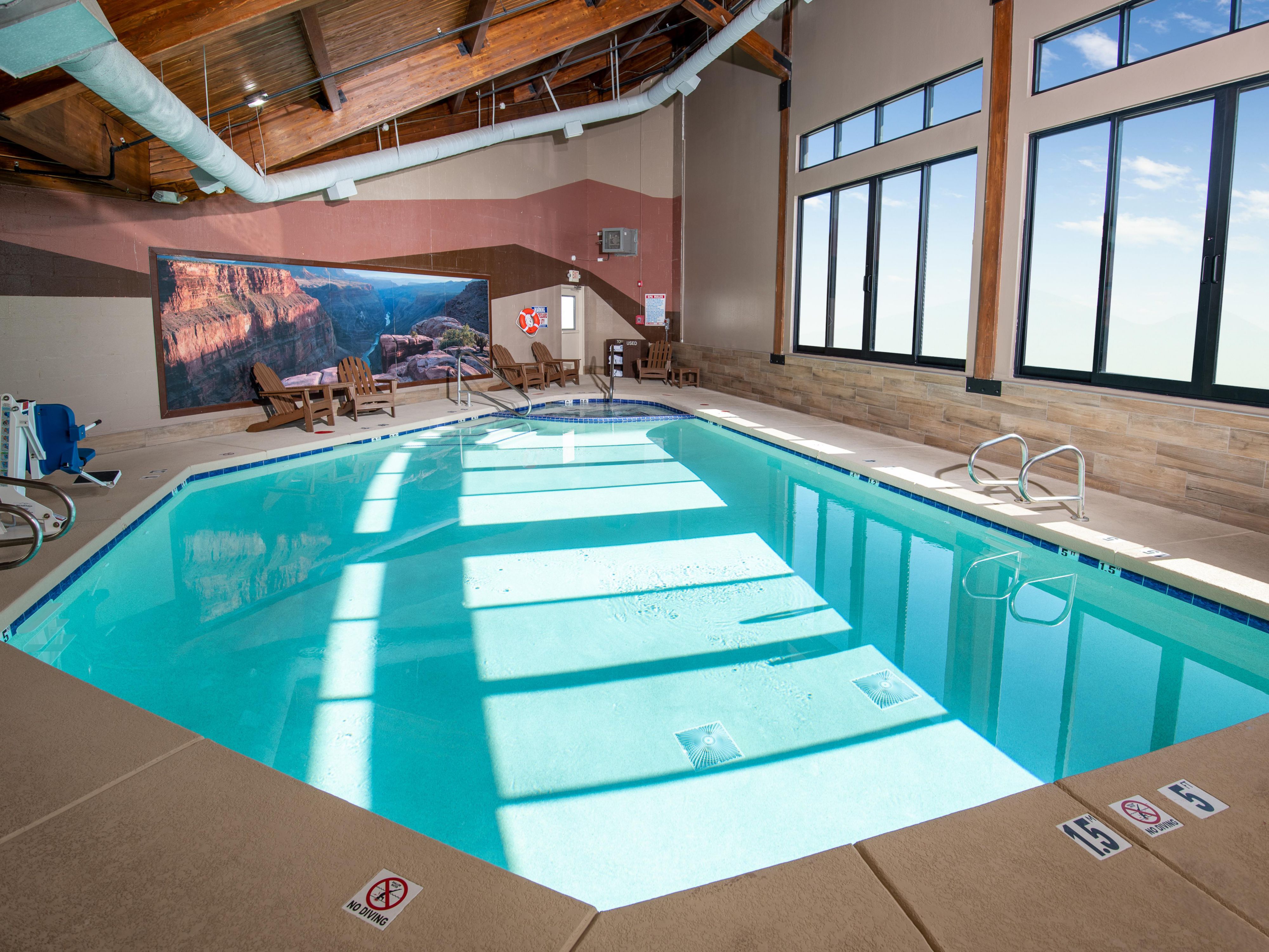 Whether you like to swim laps, relax in a poolside lounger, make a splash, or unwind with a leisurely evening dip, our indoor pool area offers the perfect spot for fun and relaxation during your stay. After a day of Grand Canyon adventure, take a soothing soak in our indoor whirlpool. Pool hours are 8:00 AM – 11:00 PM.
