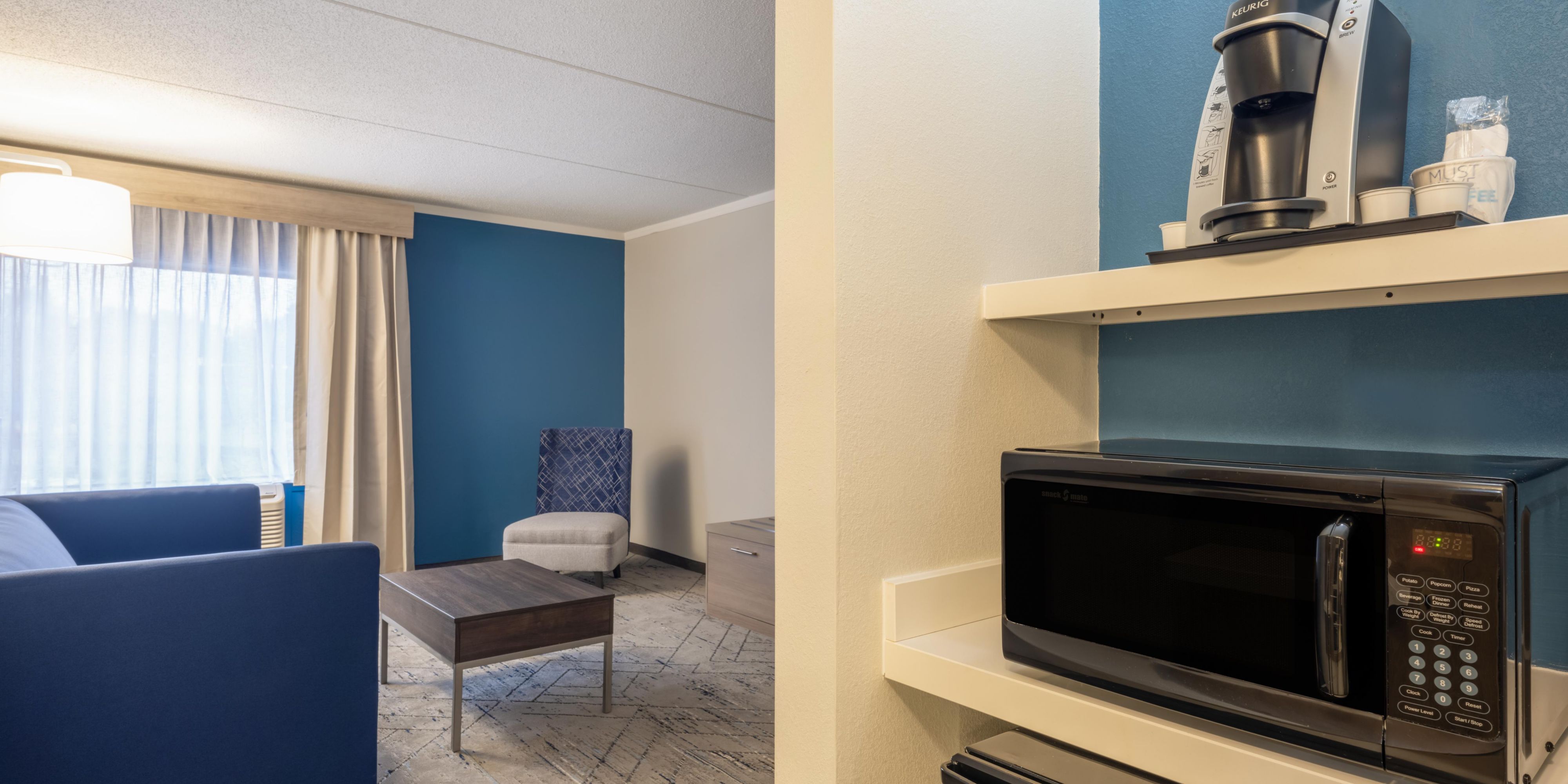 With everything you need for a great stay, relax in a comfy king bed or double queen beds with plush duvets. Our newly renovated guest rooms and suites feature a mini fridge, a microwave, Keurig coffee maker, a spacious workspace, HDTV and a large modern bathroom with plenty of room to get ready. Enjoy free parking, an outdoor pool, and more!
