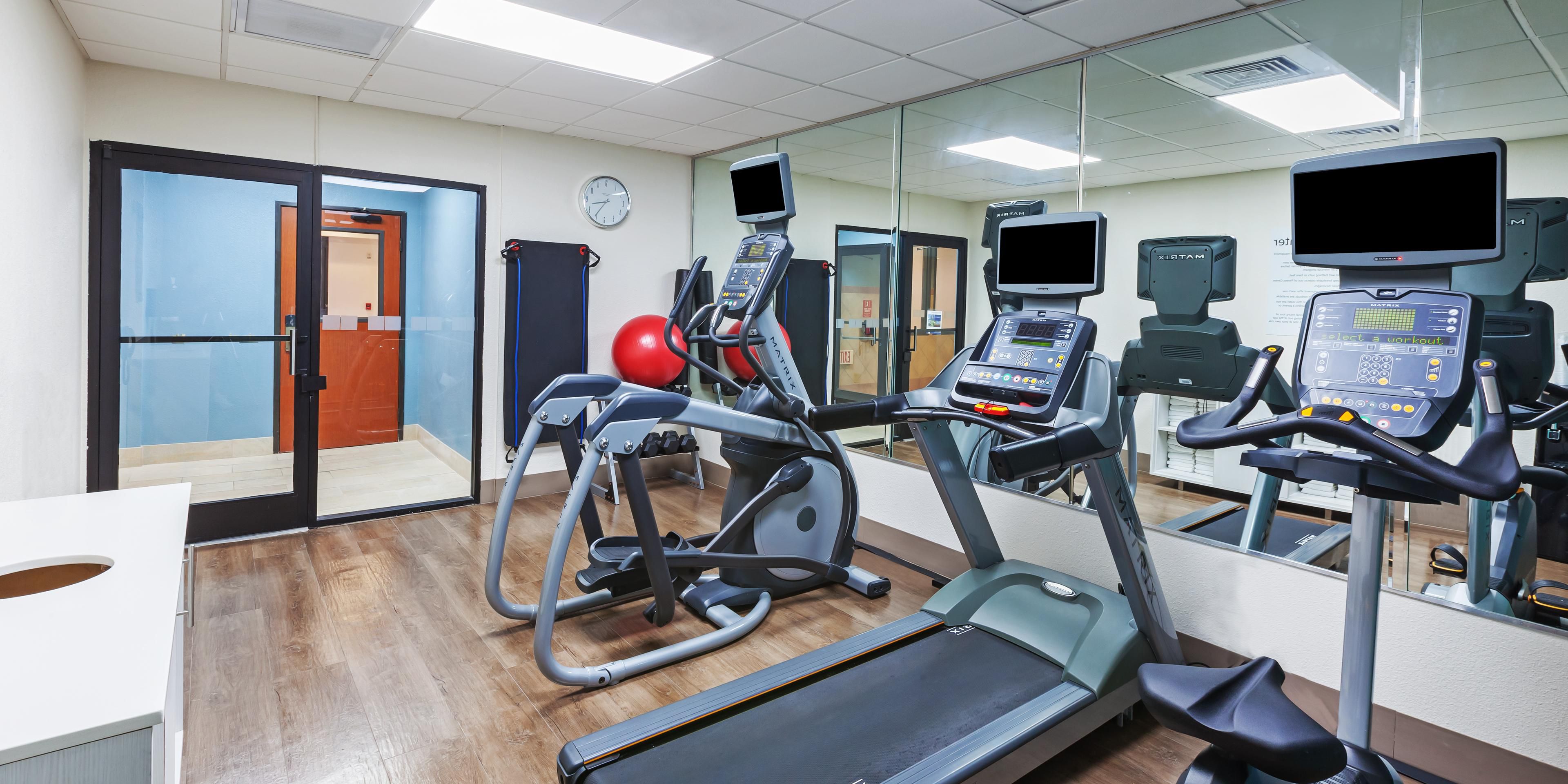 Fit travelers, don't sweat it, we've got you covered!  You're welcome to go for a swim in our heated indoor pool or enjoy an invigorating workout in our complimentary Fitness Center.  You'll find treadmills, elliptical machines, free weights or a stationary bicycle available just for you!  Stay smart and fit when you stay with us!