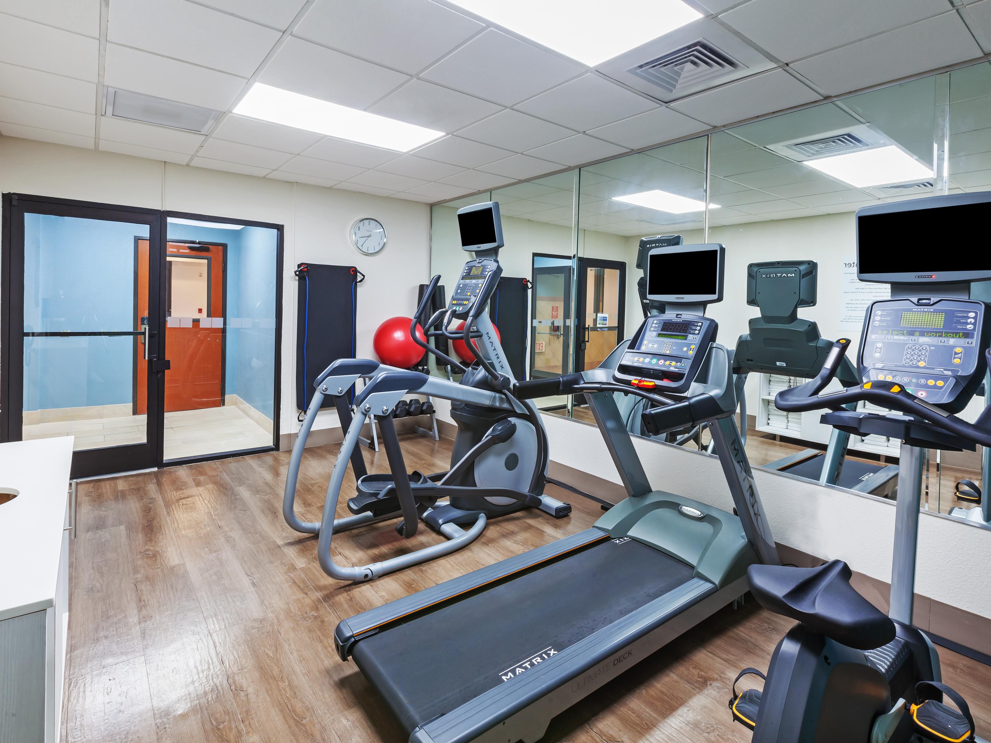 Fit travelers, don't sweat it, we've got you covered!  You're welcome to go for a swim in our heated indoor pool or enjoy an invigorating workout in our complimentary Fitness Center.  You'll find treadmills, elliptical machines, free weights or a stationary bicycle available just for you!  Stay smart and fit when you stay with us!
