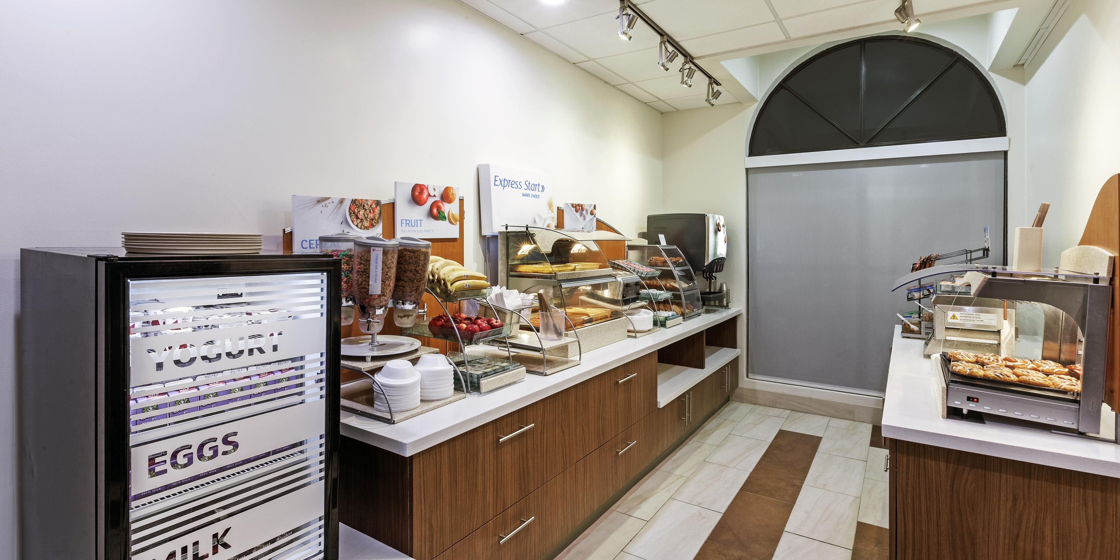 Our complimentary Express Start Breakfast bar offers a wide variety of hot & cold options including a rotation of egg & meat selections, biscuits or muffins, fruit, our famous cinnamon rolls & Smart Roast coffee.  Did we mention our one-touch pancake machine or our freshly cooked oatmeal kettle? You have to see it for yourself!  

