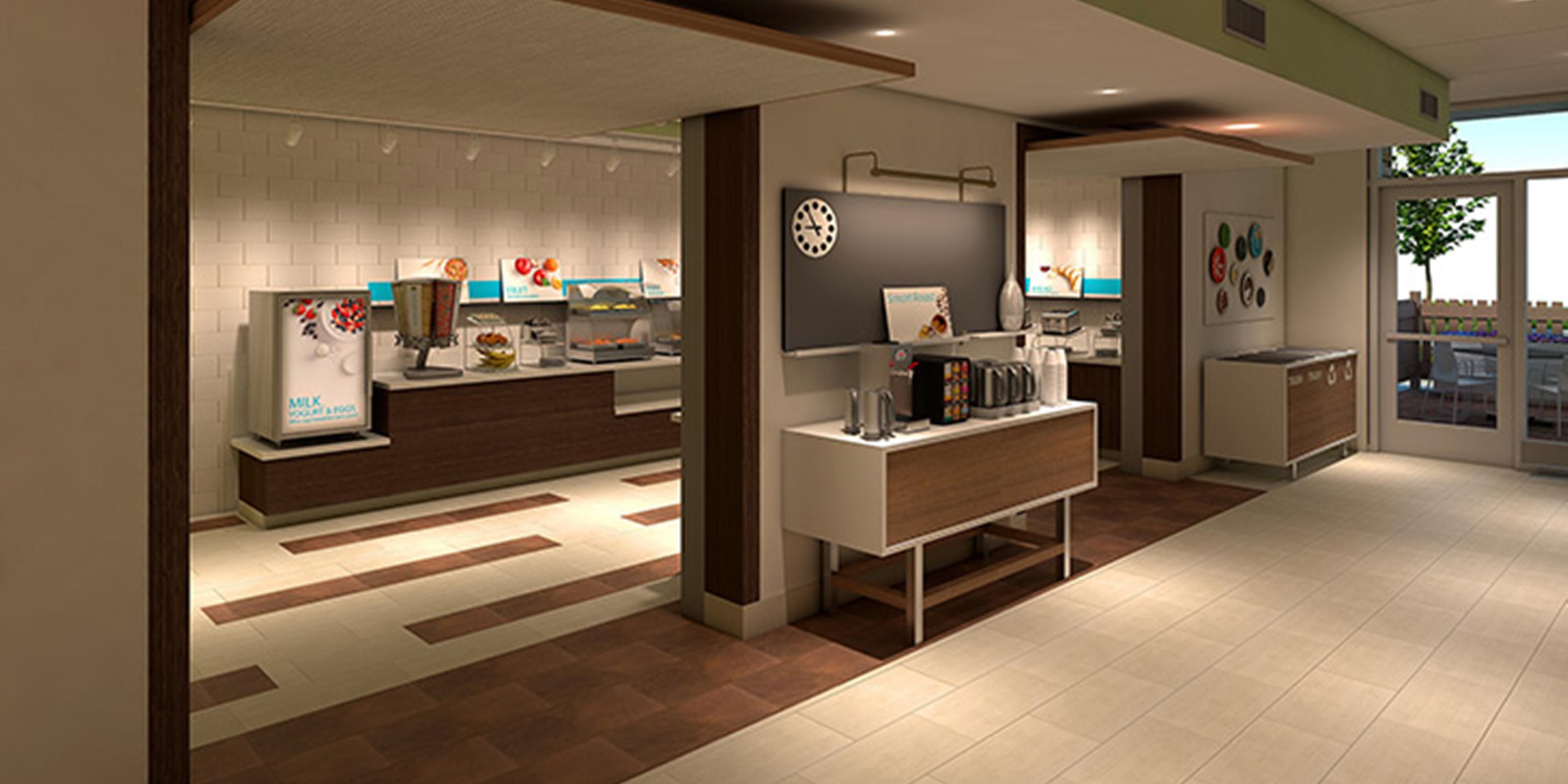 Our complimentary Express Breakfast offers a wide variety of hot and cold options, including eggs and breakfast meats, muffins or biscuits, our famous cinnamon rolls and coffee.