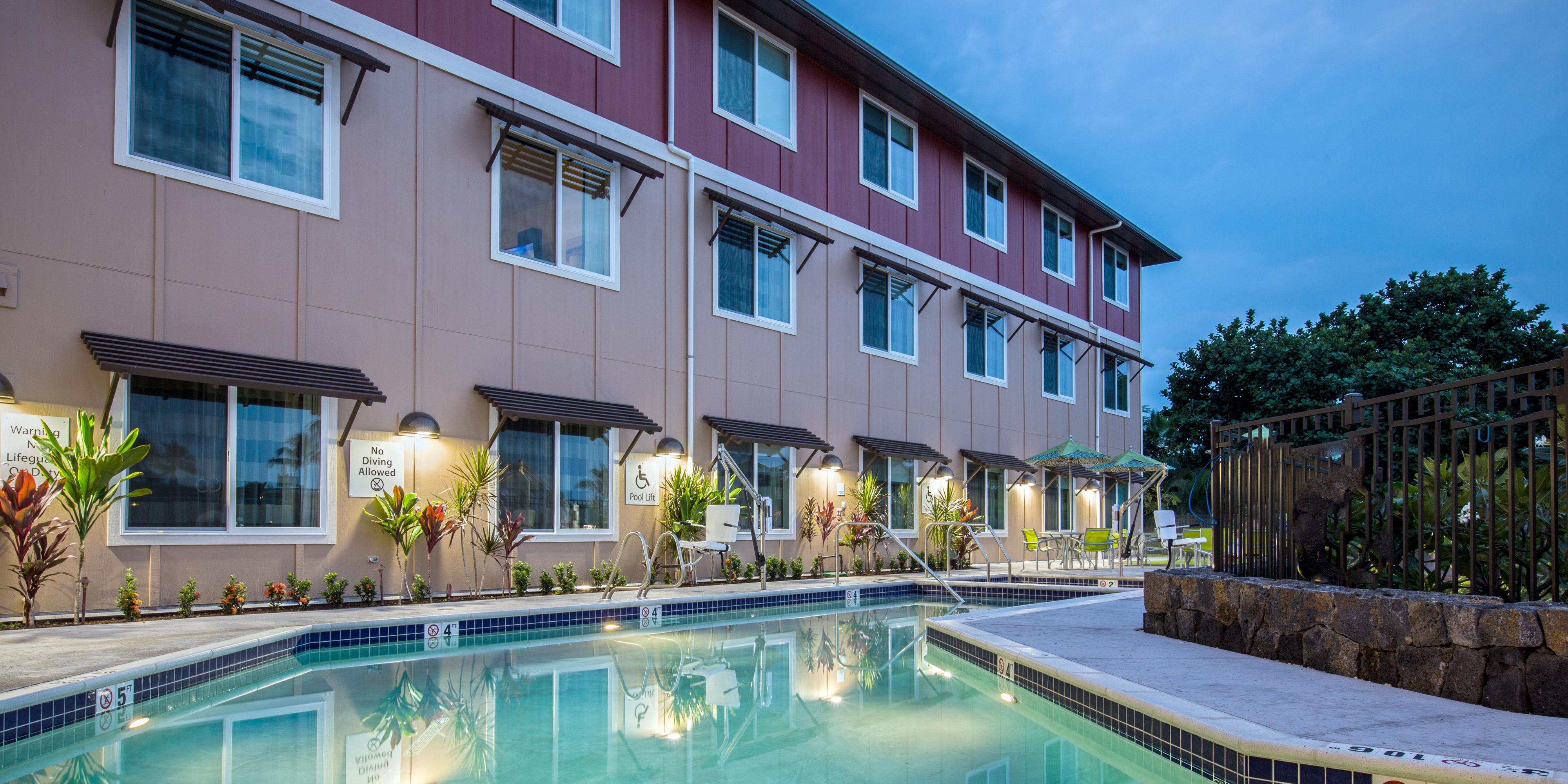Aloha! Holiday Inn Express & Suites Kailua Kona hotel understands true hospitality.  If you are looking for a great place to stay in Kona, HI, try our hotel.  We waive all resort fees. Making our hotel the perfect getaway for next family staycation.  Helping you save money so you can enjoy more of the Big Island.  