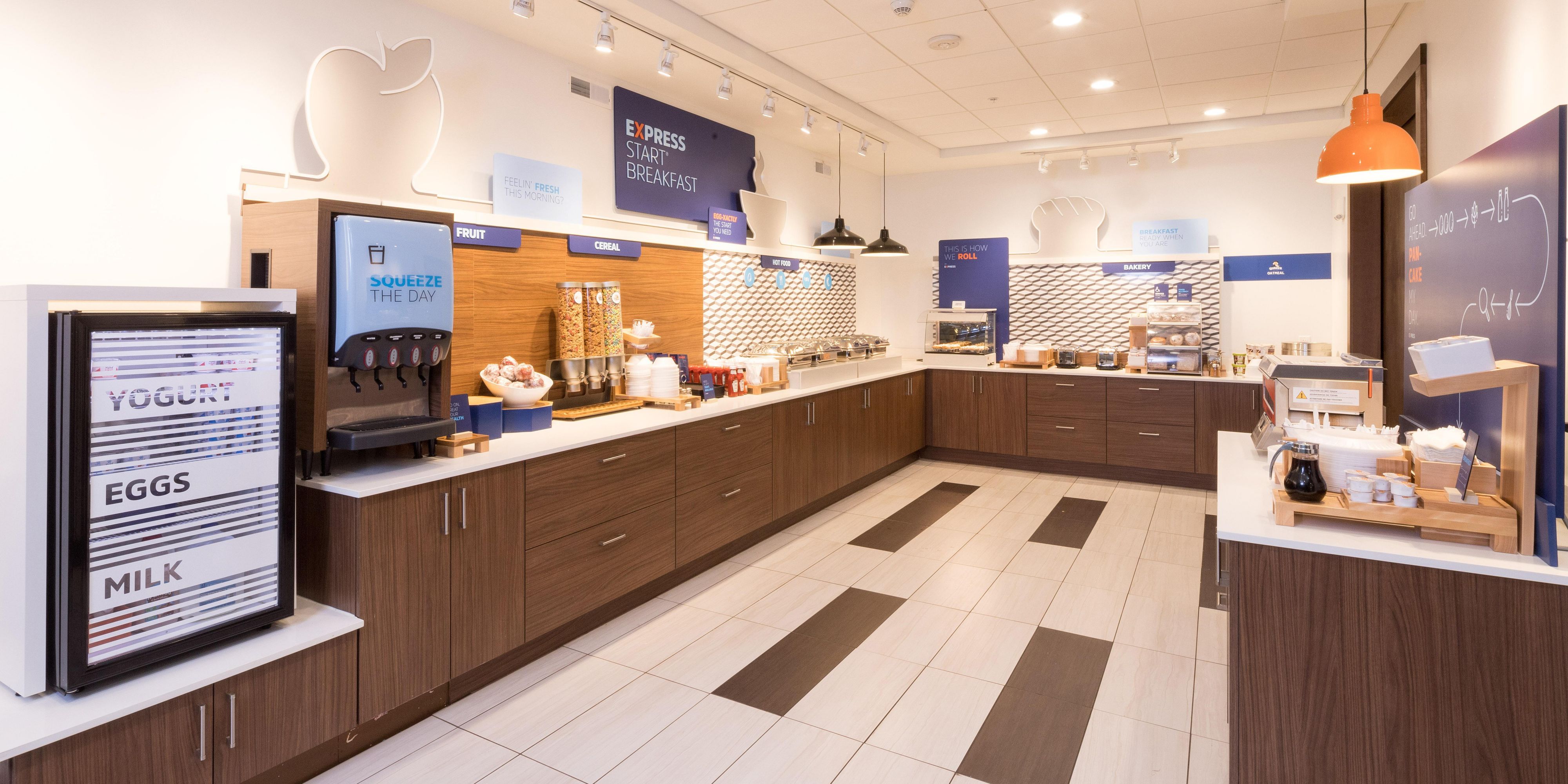 Enjoy our complimentary Express Start Breakfast featuring our signature gooey cinnamon rolls along with cheese omelets, scrambled eggs, sausage, biscuits and gravy, cereals, pastries, pancakes, and yogurt!  Weekday breakfast hours are 6:30 am to 9:30 am.  Weekend hours are from 7:00 am to 10:00 am.  