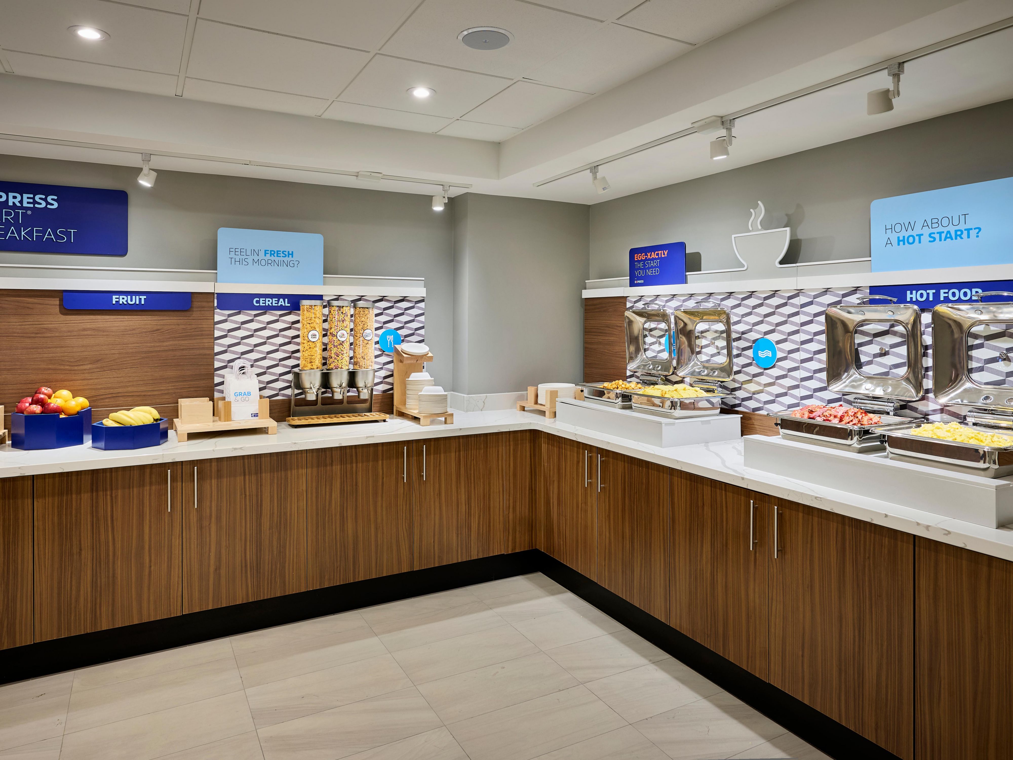 Offering a complimentary hot breakfast with every stay. Staple classics like our hot cinnamon rolls, pancakes, eggs, bacon and cereal. In addition, with alternative options such as oatmeal, and fresh fruit you are sure to start the day off right. No time to sit down? Help yourself to a Grab and Go bag for the road.