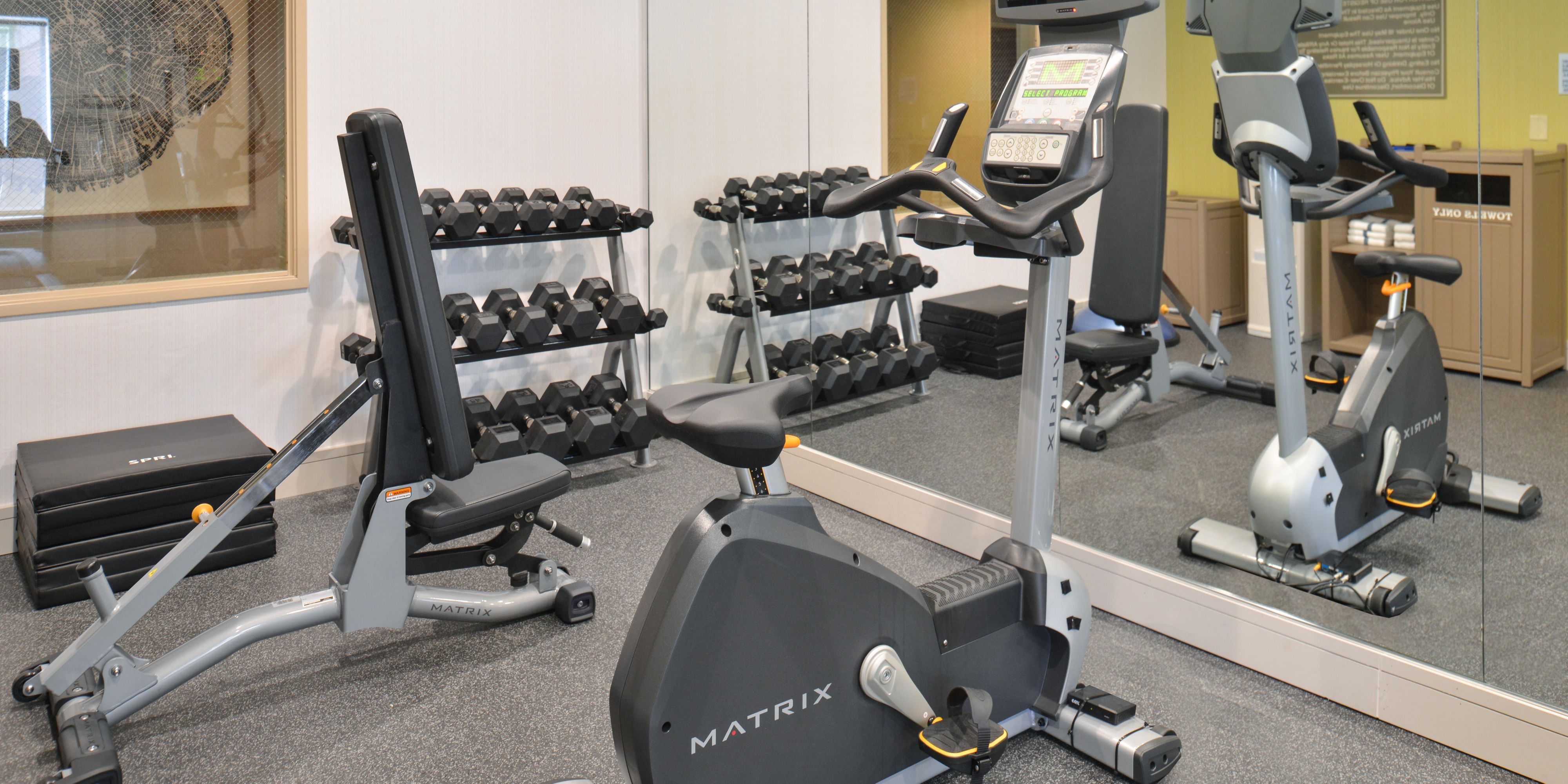 Hotel guests maintaining a healthy lifestyle, enjoy the convenience of our on-site fitness center.  We offer a variety of machines and free weights for our guests. 