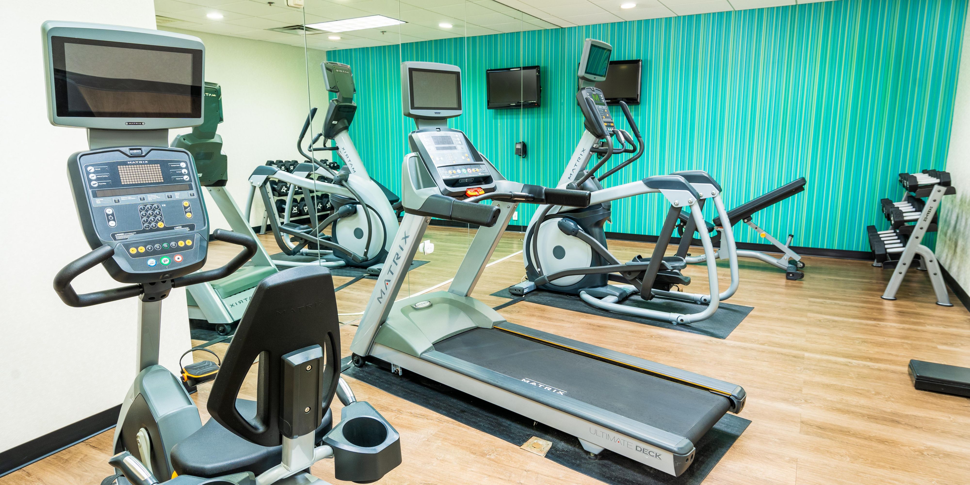 Break a sweat and turbocharge  in our upscale modern fitness center with state-of-the-art strength training equipment, cardio machines and free weights. 

