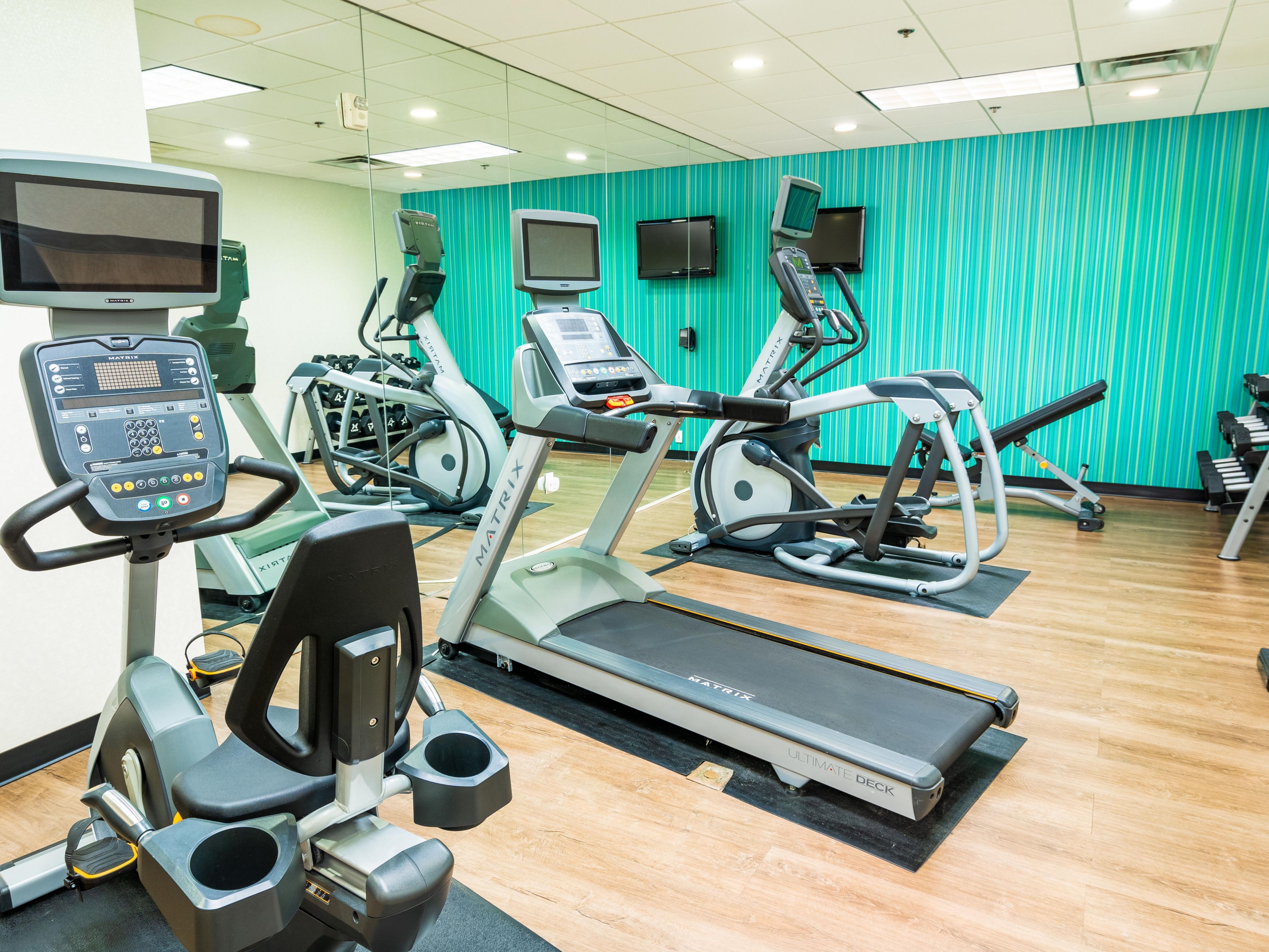 Break a sweat and turbocharge  in our upscale modern Fitness Center with state-of-the-art strength training equipment, cardio machines and free weights. 
