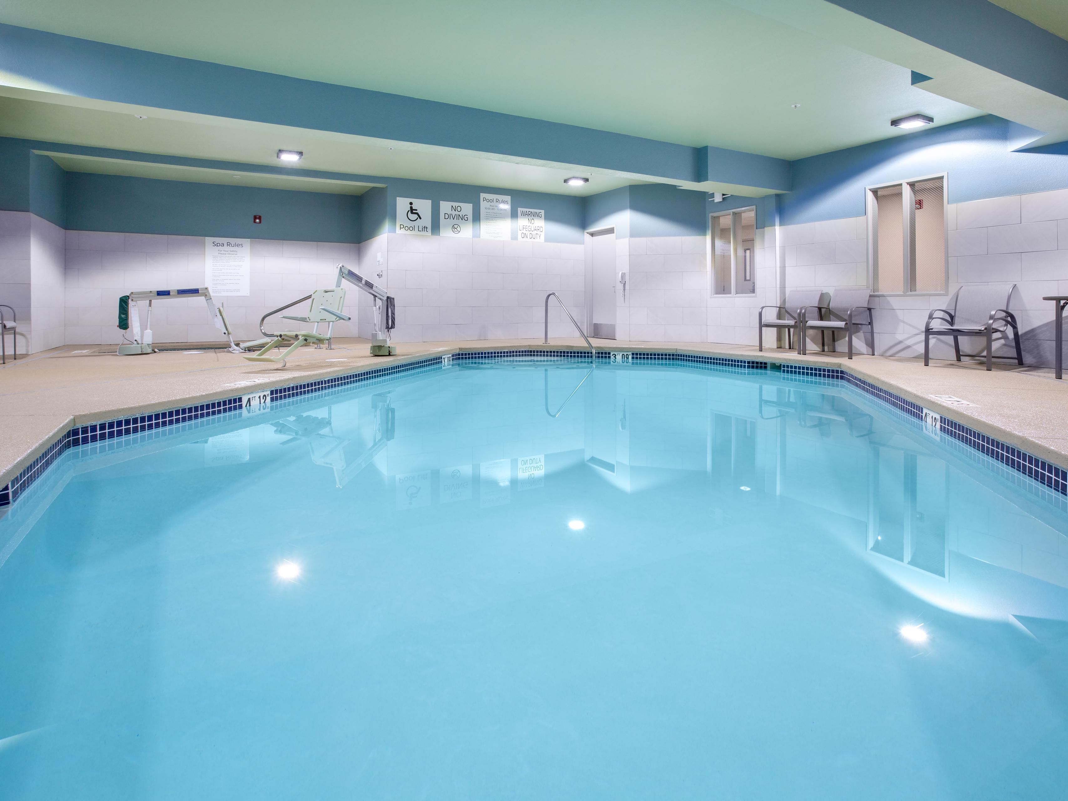 Take a dip in our indoor pool or soak in the soothing hot tub.