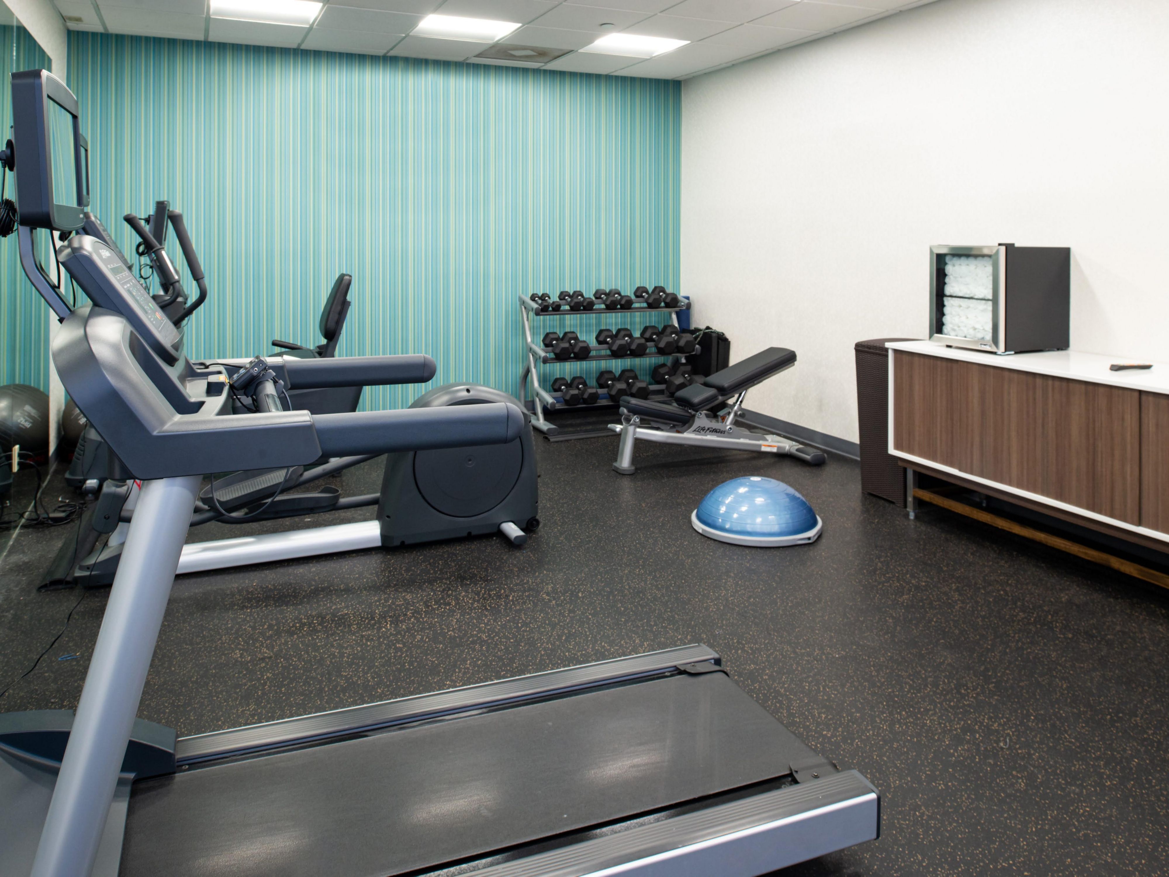 Keep your routine going with cardio equipment including treadmills, ellipticals, a stair stepper, and a stationary bike. From a quick warm-up to a full workout, our fitness center is ready when you are.