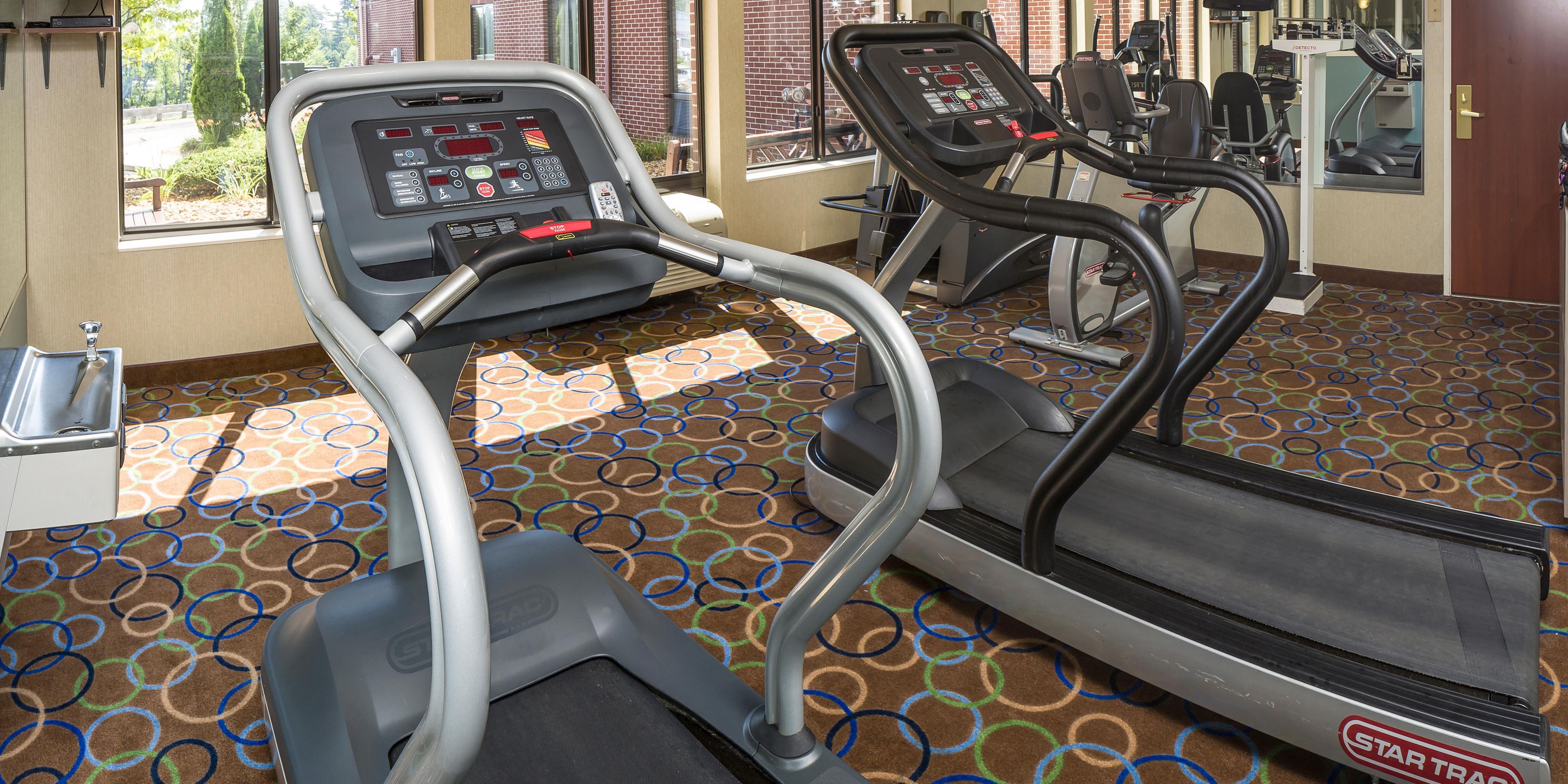 Includes 1 stationary cycle machine, 2 treadmills, 1 elliptical machine and free weights. 