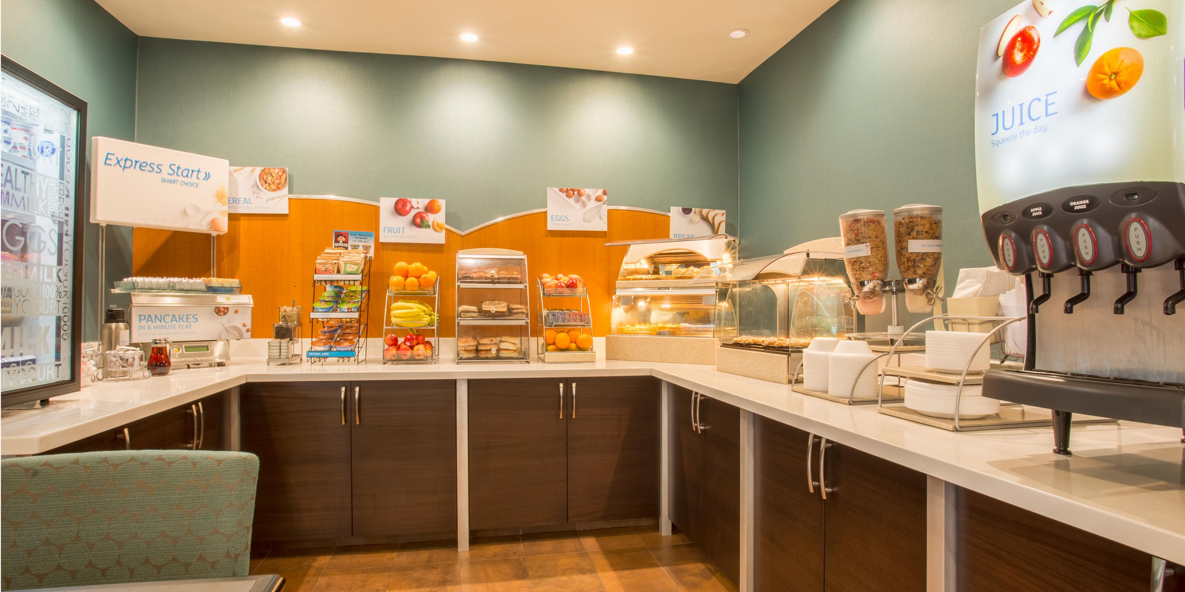 Our complimentary Express Start Breakfast bar offers a wide variety of hot & cold options including a rotation of egg & meat selections, biscuits or muffins, fruit, our famous cinnamon rolls & Smart Roast coffee.