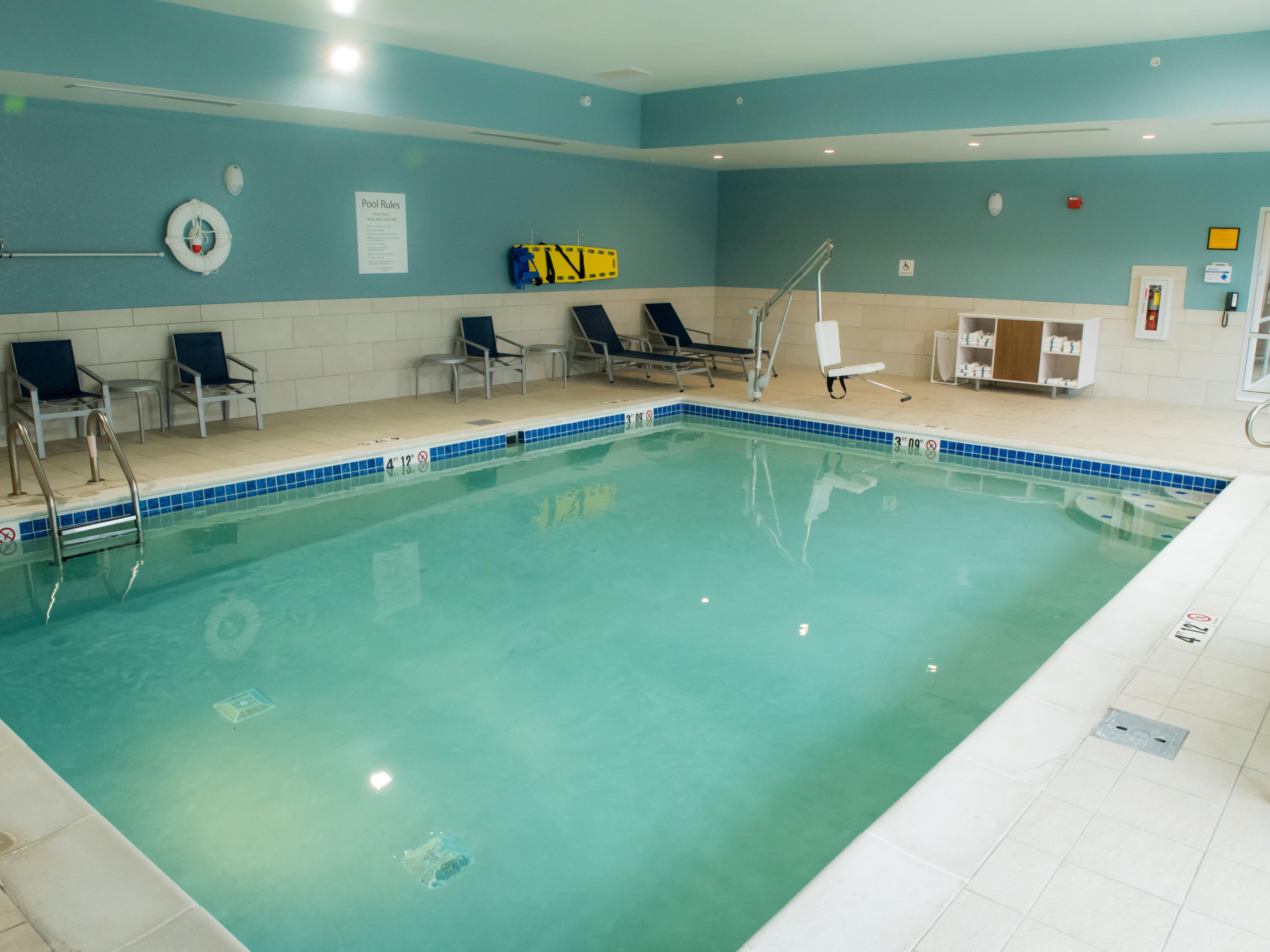 Come enjoy our beautiful heated Indoor Swimming pool.  Relax and unwind in the warm water. Book your room for fast access to the pool.