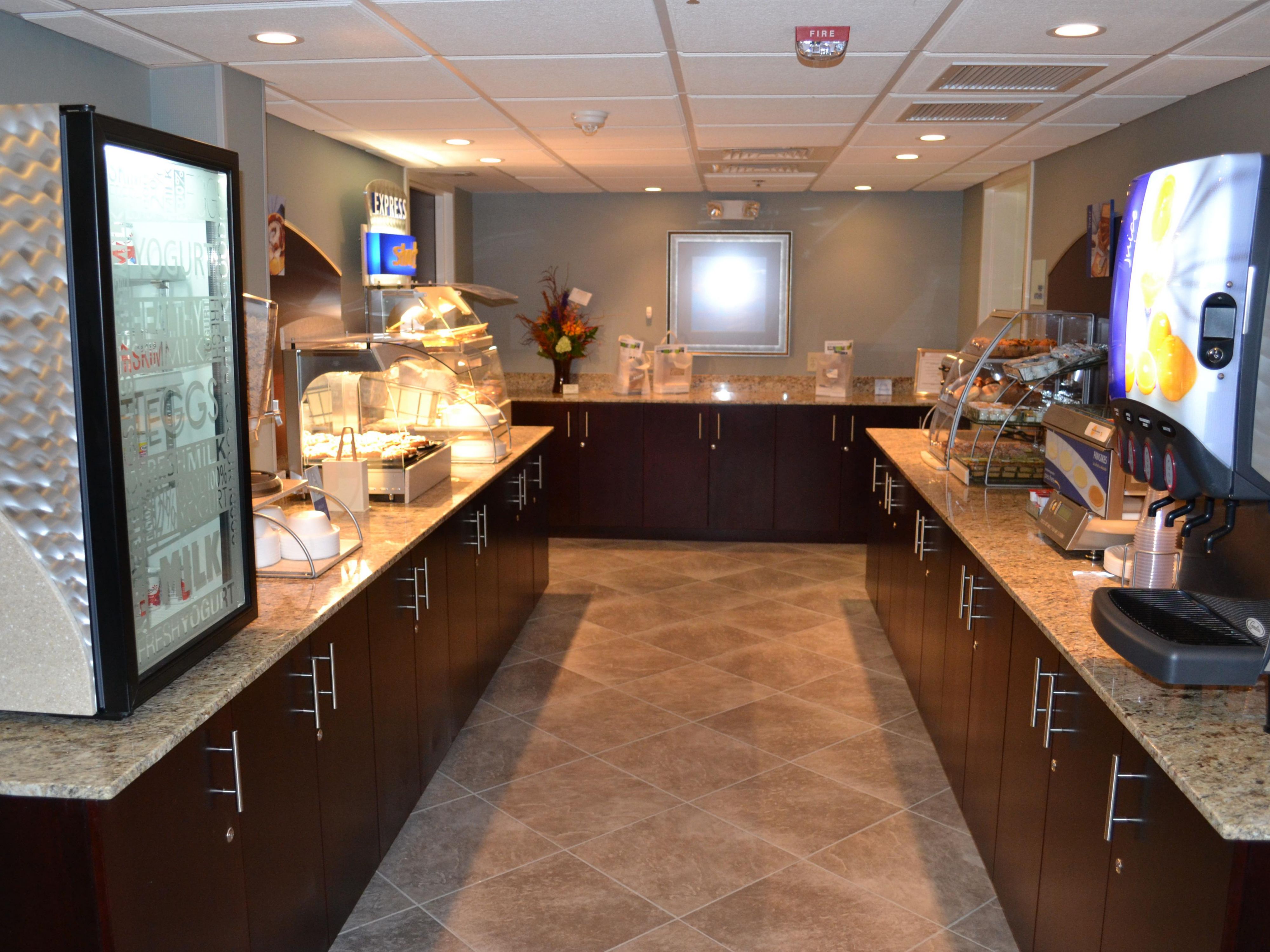 Wake up to our free Express Start Breakfast bar offering a full range of breakfast items including egg white omelets, bacon, sausage, Chobani Greek and Regular yogurt, muffins, English muffins, oatmeal, cereal, fresh fruit and a one-touch pancake machine.