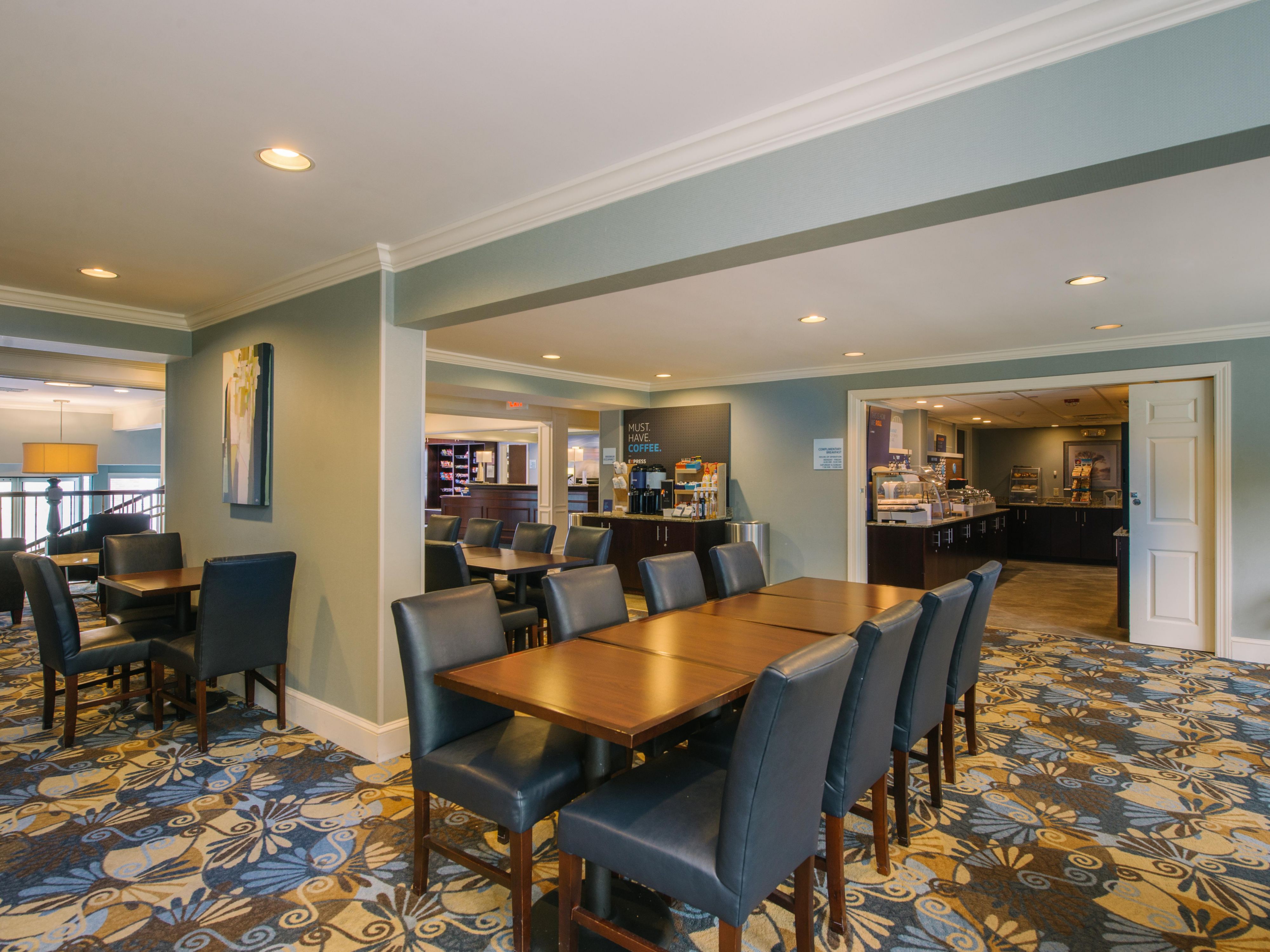 Wake up to our free Express Start Breakfast bar offering a full range of breakfast items including egg white omelets, bacon, sausage, Chobani Greek and Regular yogurt, muffins, English muffins, oatmeal, cereal, fresh fruit and a one-touch pancake machine.