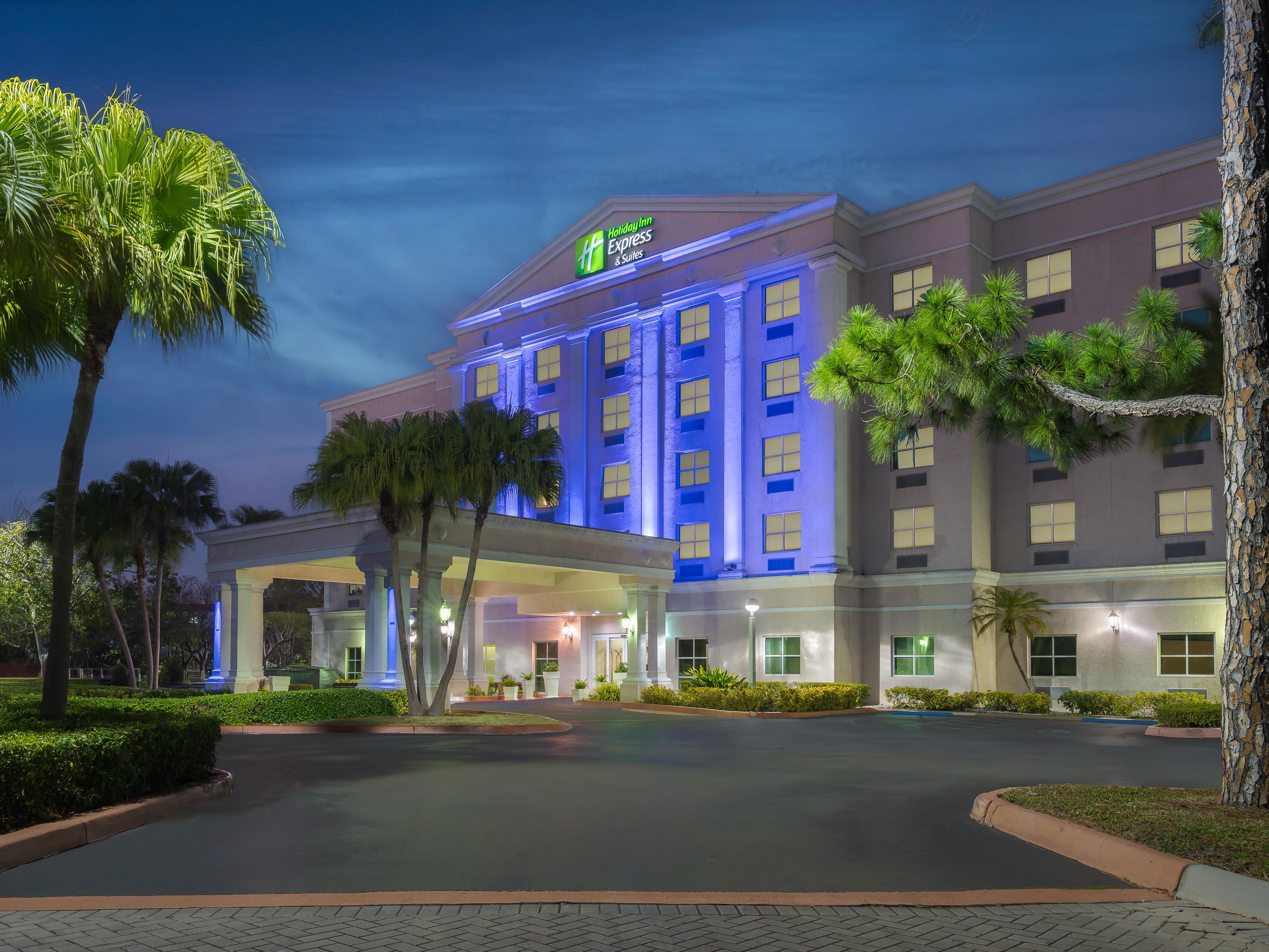 Exterior of the hotel at dusk
