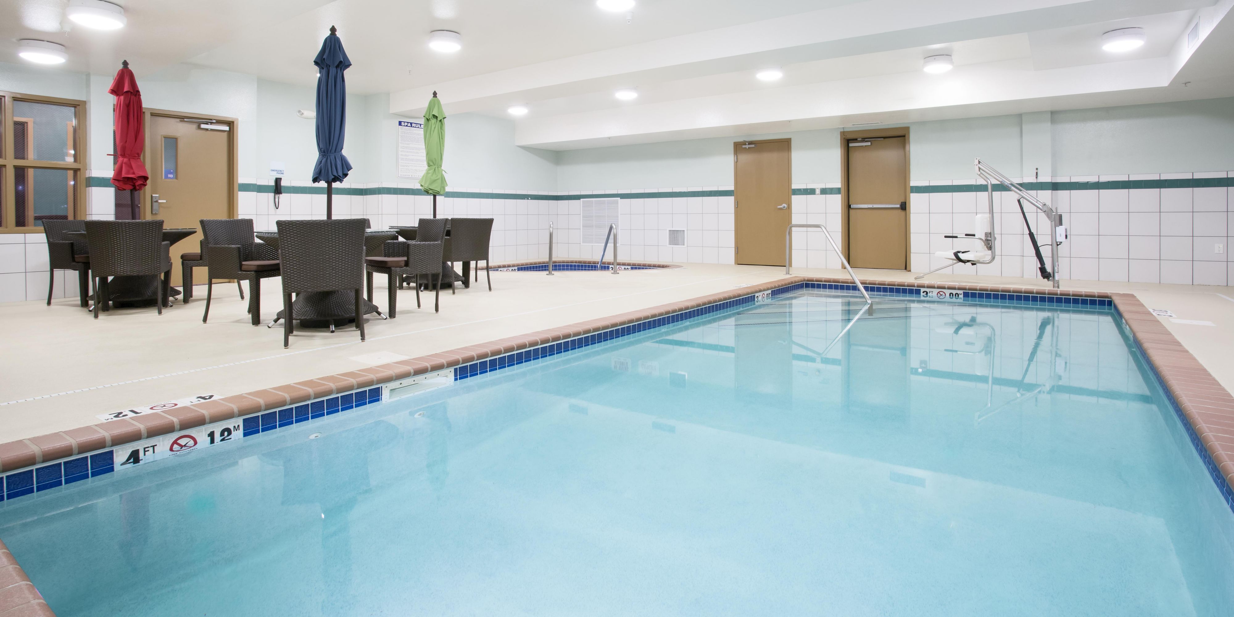 When staying with us, enjoy free use of our heated indoor pool and hot tub. If you need to get your workout in, use our complimentary fitness center complete with treadmill, elliptical, bike, and free weights.
