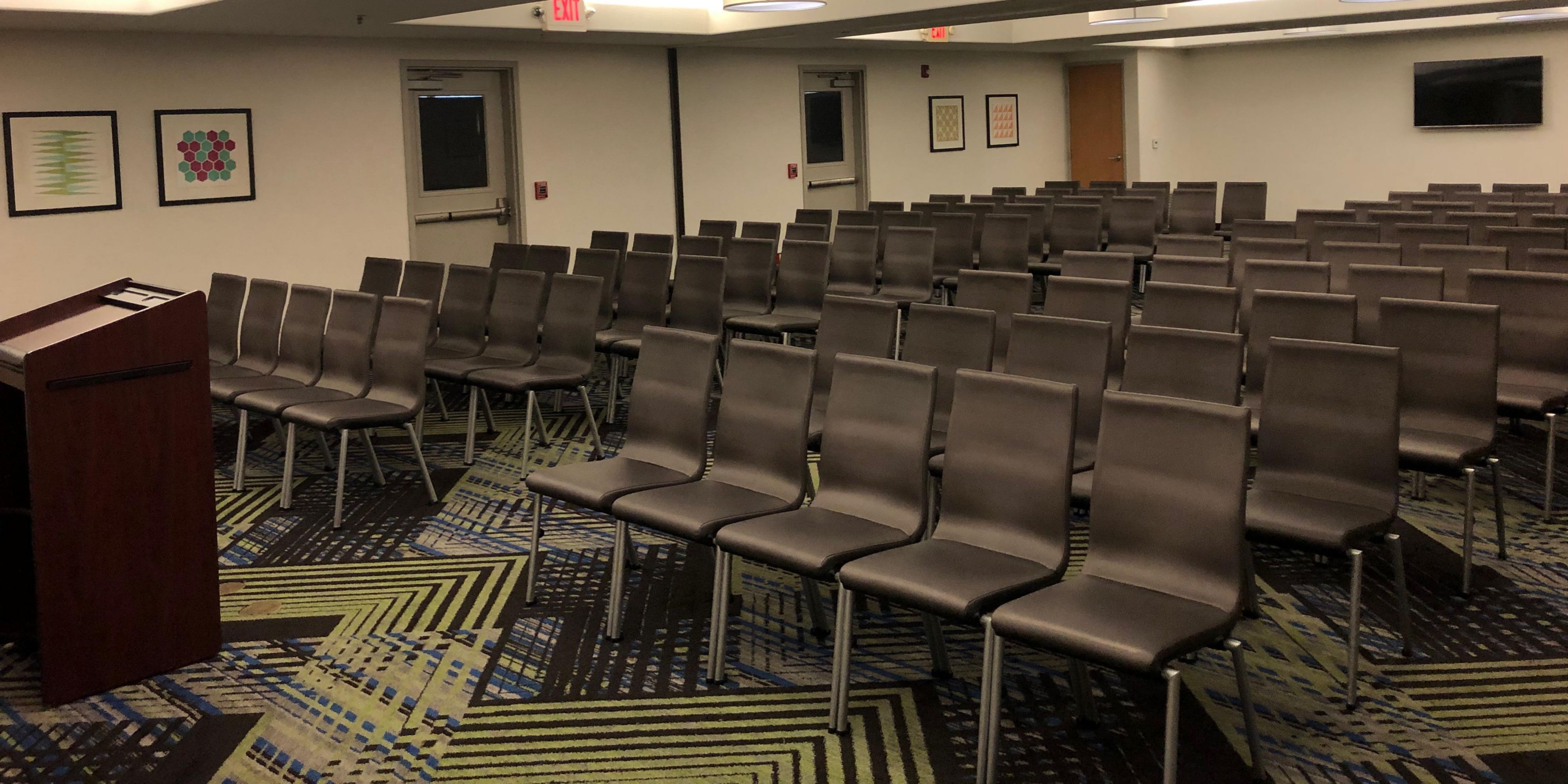Allow us to host your next meeting. We offer three meeting rooms that include all the essentials for a perfect meeting. Take advantage of multiple room set-ups for up to 120 attendees, A/V equipment, whiteboard, Business Center, and more.