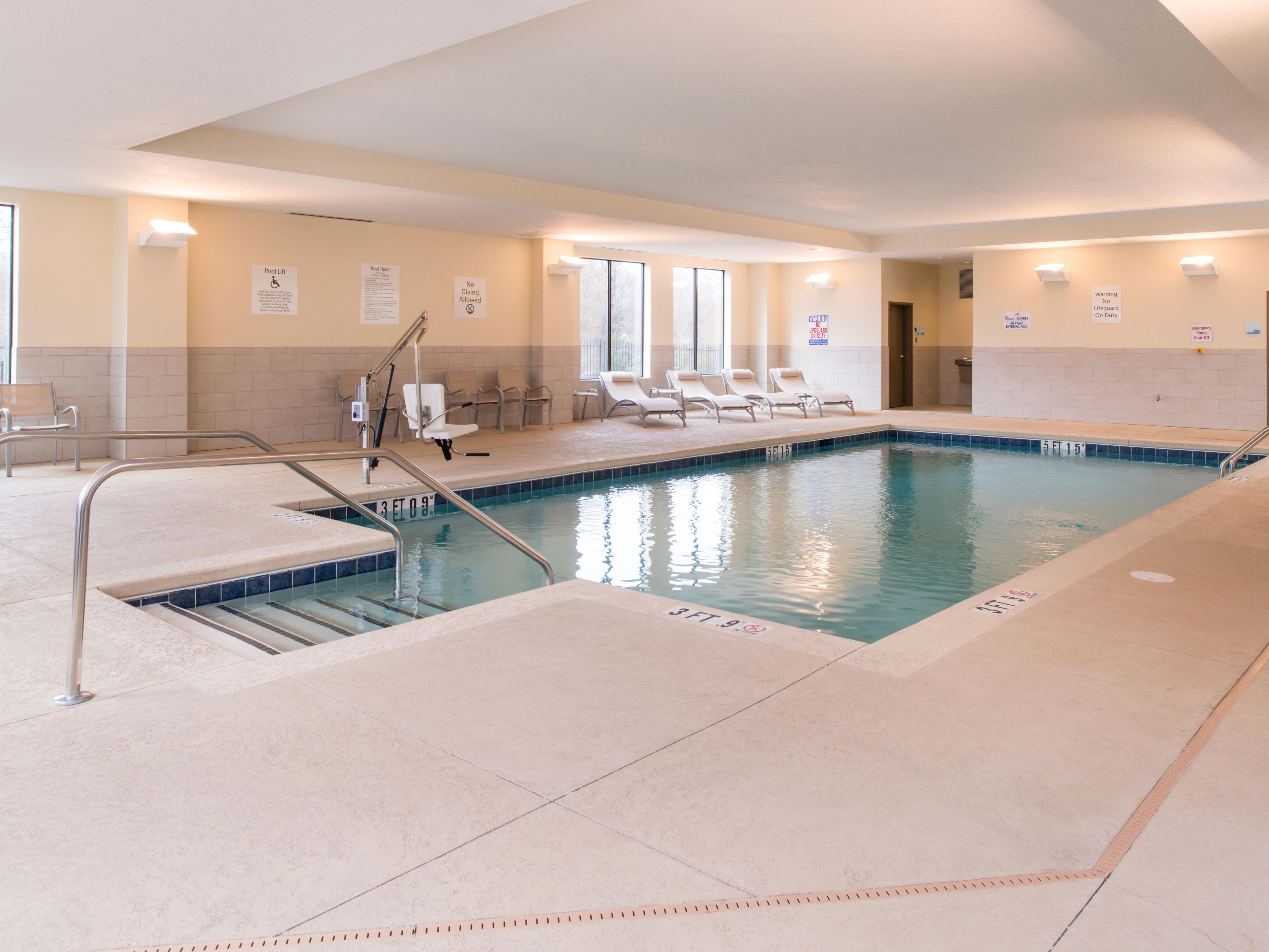 No matter the rain, sleet, or snow, you can always experience the warm, soothing weightlessness of our indoor heated pool. Whether you’re looking to get a few laps in or a safe, relaxing place to keep the kids entertained, our indoor pool offers all our guests a splash-worthy sanctuary that’s open from the early morning to the late evening.