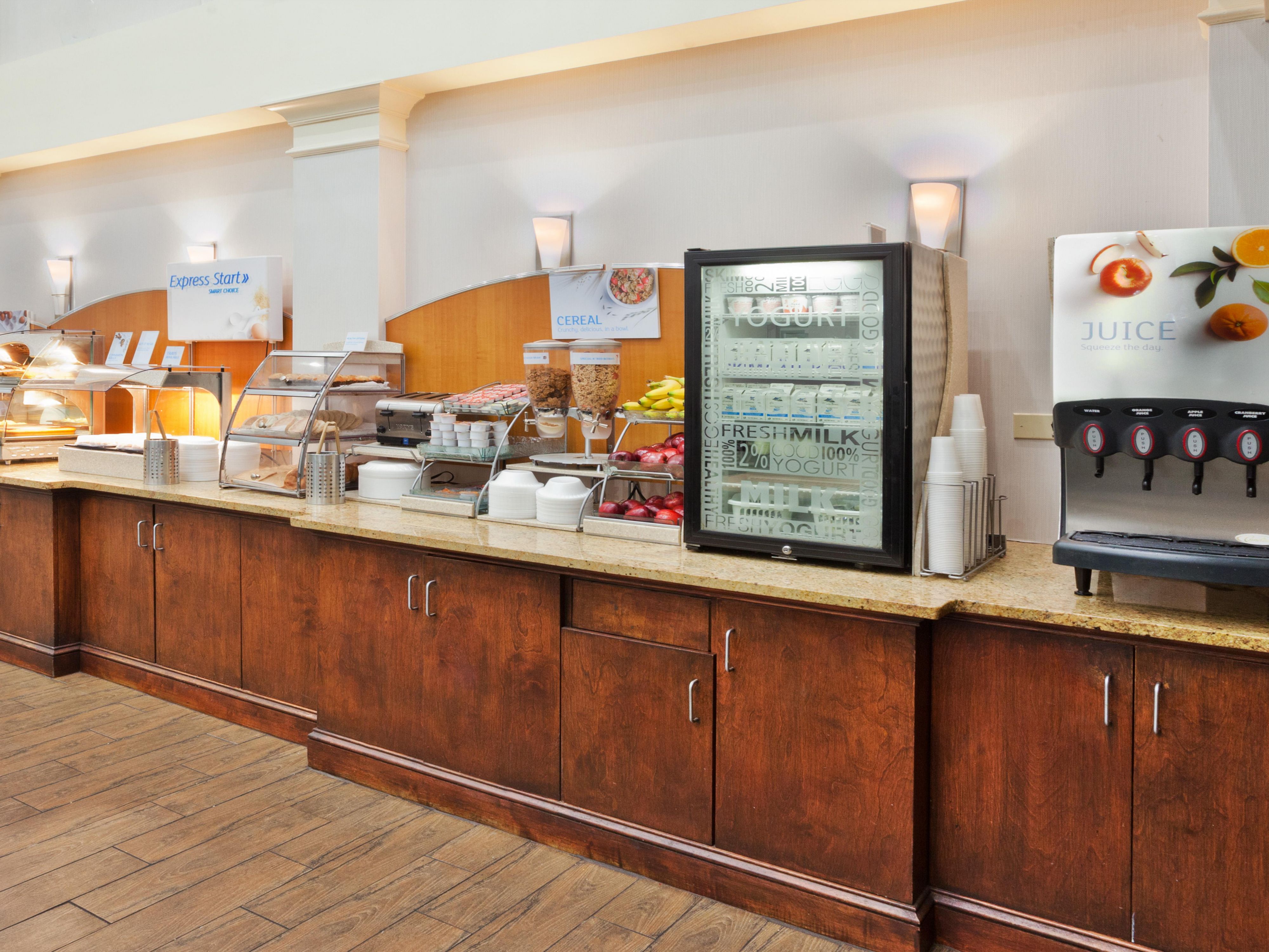 Express Start Breakfast Bar includes buffet-style hot breakfast items such as scrambled eggs or omelets, bacon or sausage, & freshly made biscuits; selections rotate daily. Travelers looking to satisfy their sweet tooth can reach for the hot cinnamon rolls. Breakfast also includes pancakes, cereal, oatmeal, yogurts, toast bagels,& fresh whole fruit