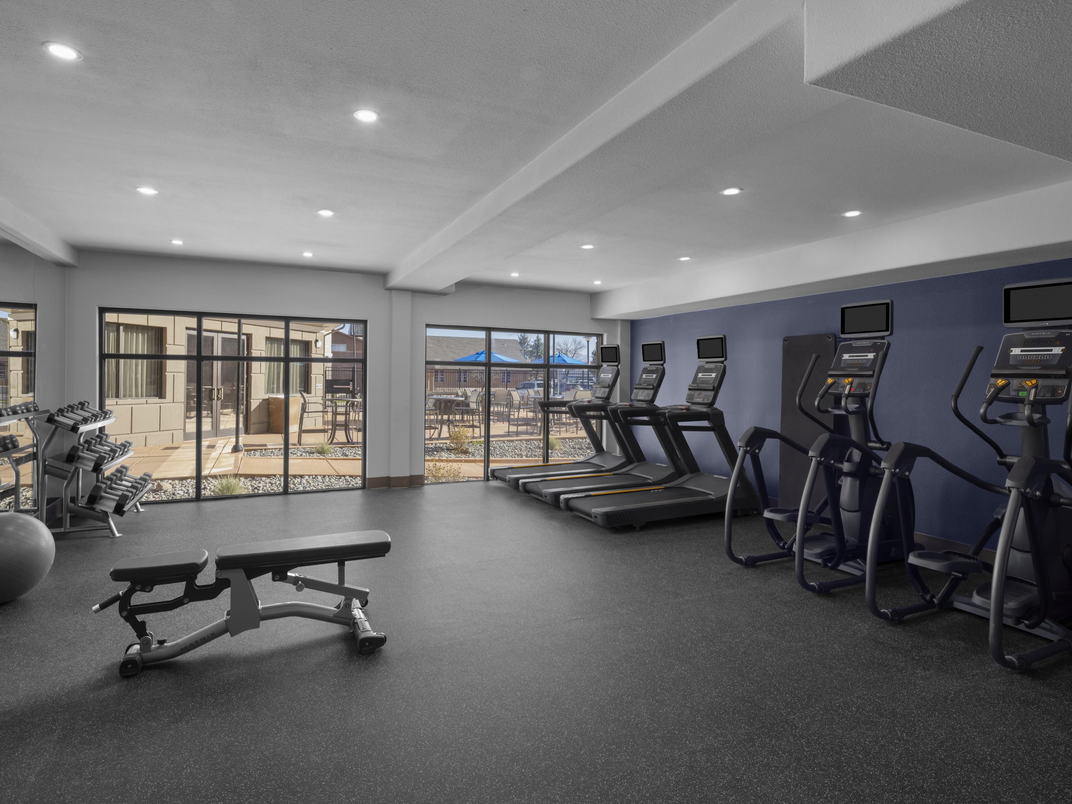 Enjoy our newly expanded, well-equipped fitness center, featuring free weights with a bench, ellipticals, treadmills, and a Peloton® bike for an energizing ride.