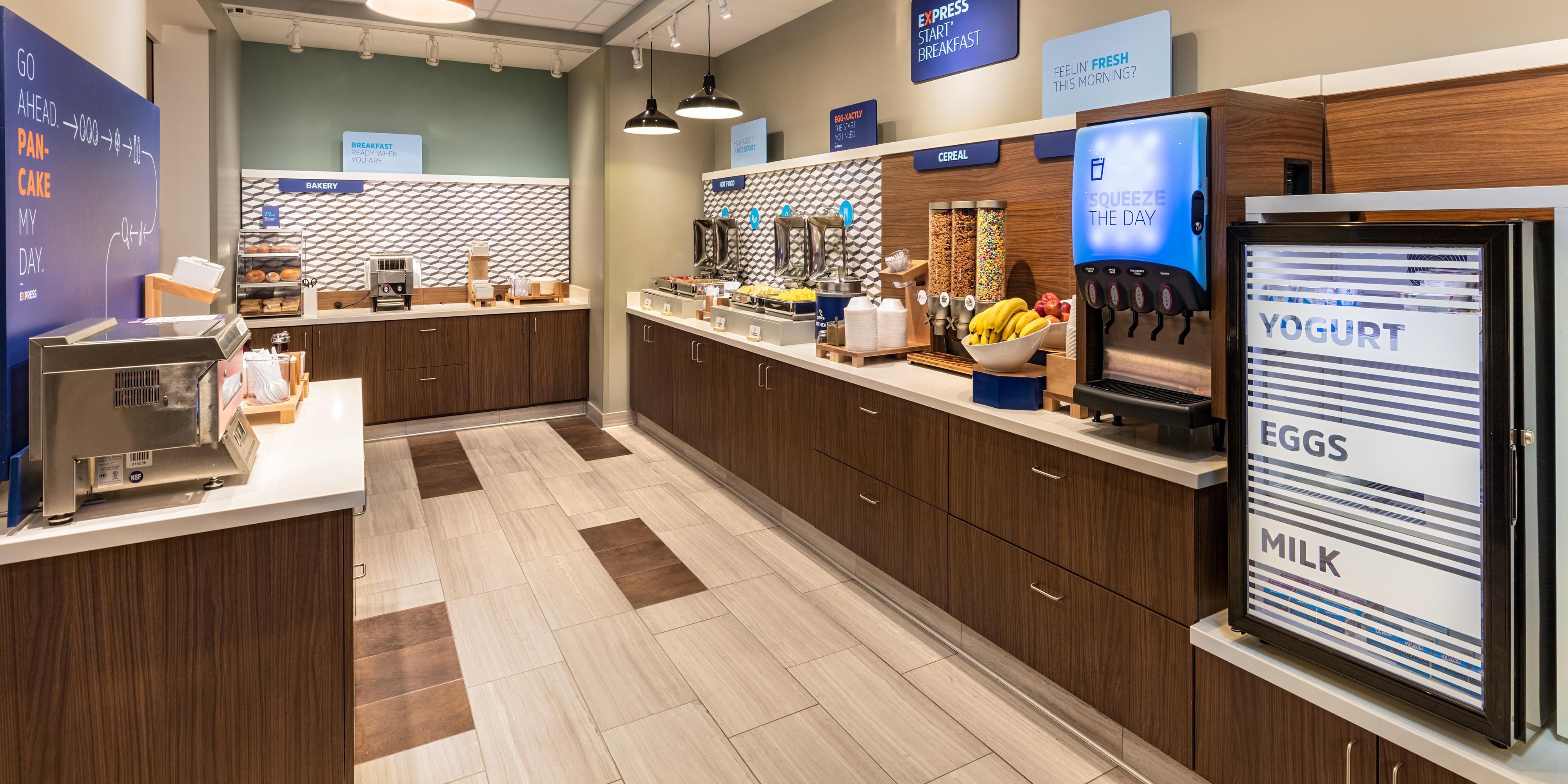 Book your stay at Holiday Inn Express & Suites Moreno Valley - Riverside to enjoy a free hot breakfast. Savor eggs, pancakes, fresh fruit, and more breakfast favorites. limited breakfast options served Monday-Friday and grab and go breakfast bags served on weekends.