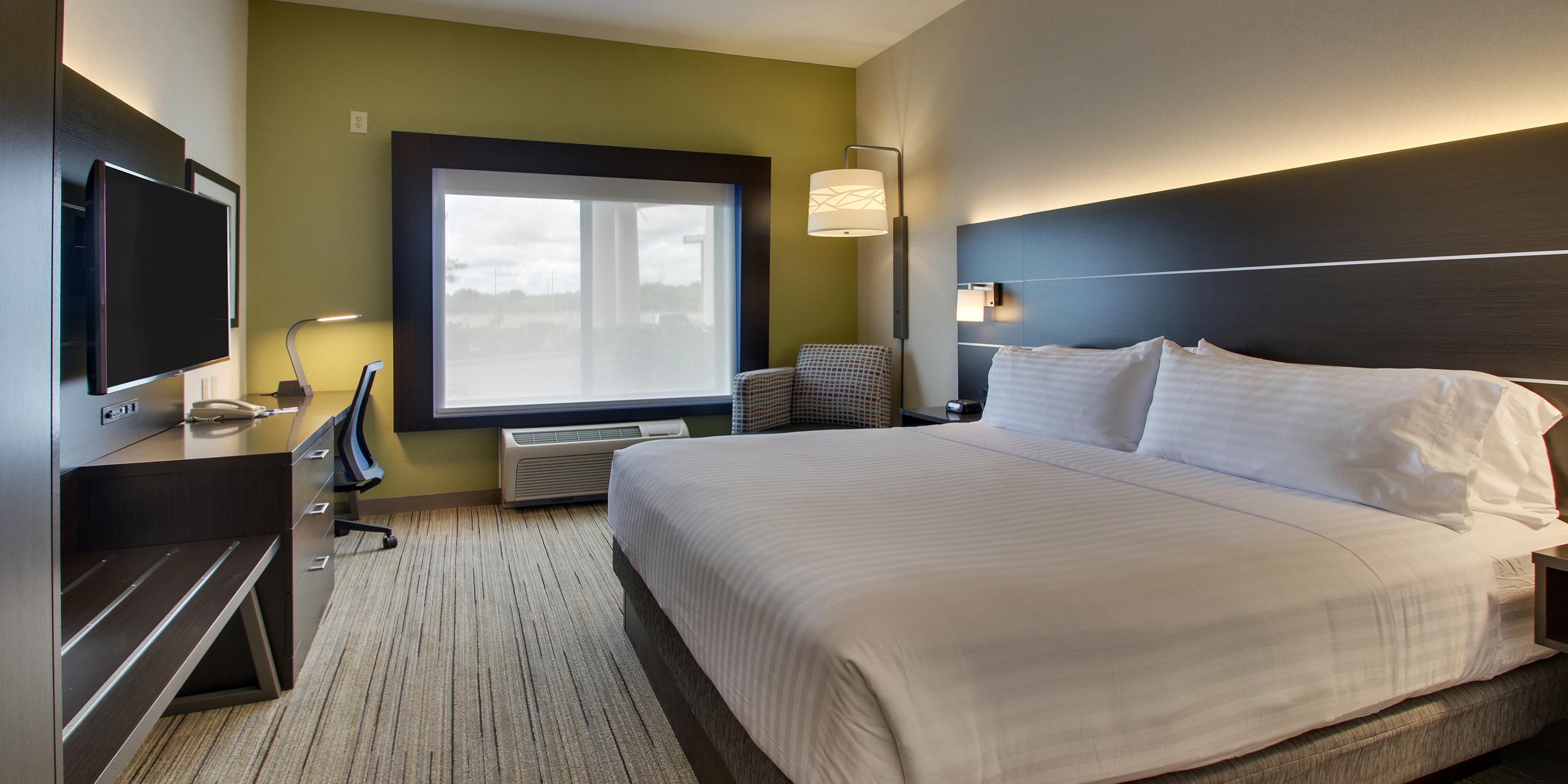 We upgraded to 49 inch flat screens when we renovated our rooms, and we love them!  After a long day on the road, relax in a huge king bed and watch the game in style!