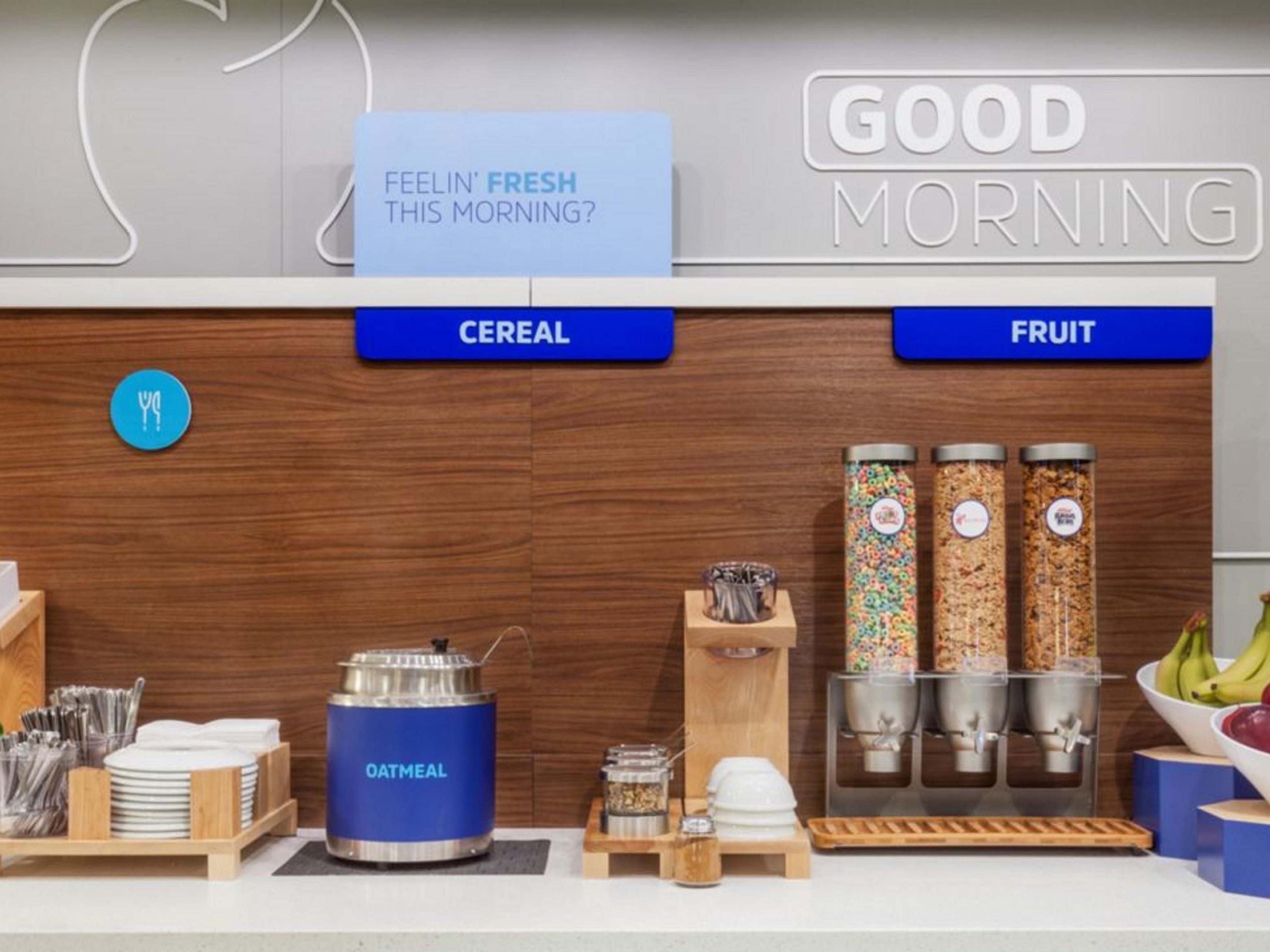 Fuel your day with our free Express Start® Breakfast buffet, featuring hot and cold selections. Savor classics like eggs and bacon, pancakes, and our signature cinnamon rolls. Enjoy cereal, fruit, and yogurt with fresh coffee. Breakfast is served 6:6:30 AM to 9:30 AM on weekdays and 7:00 AM to 10:00 AM on weekends.
