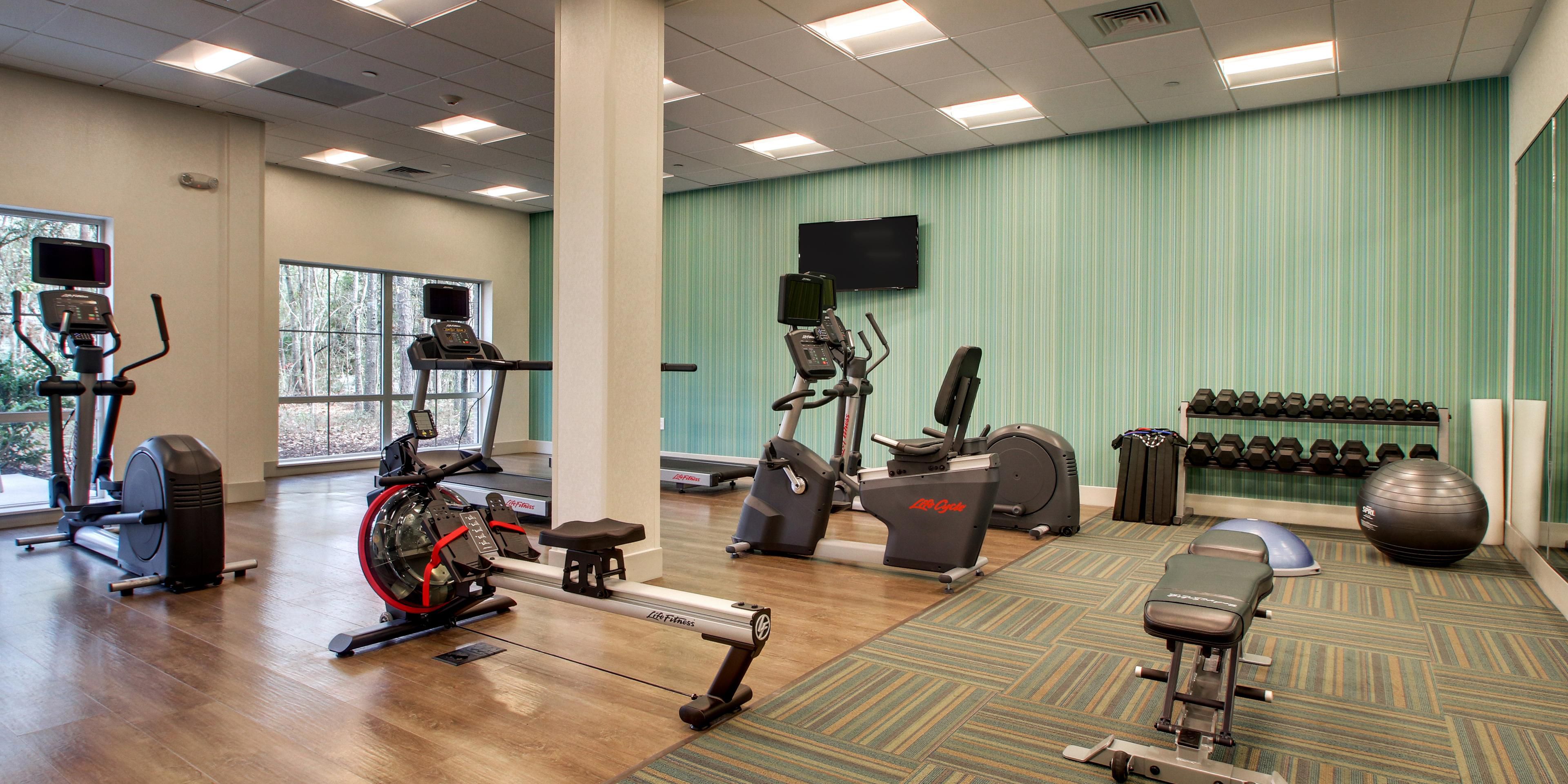 Keep your fitness routine on track. Our oversized Fitness Center features state-of-the-art equipment with HDTV on our treadmill, elliptical, and stationary bike. Free weights, yoga mats, balance ball, and Bosu ball are also available. Complimentary individually wrapped ear buds, hand sanitizer, and disinfecting equipment wipes.