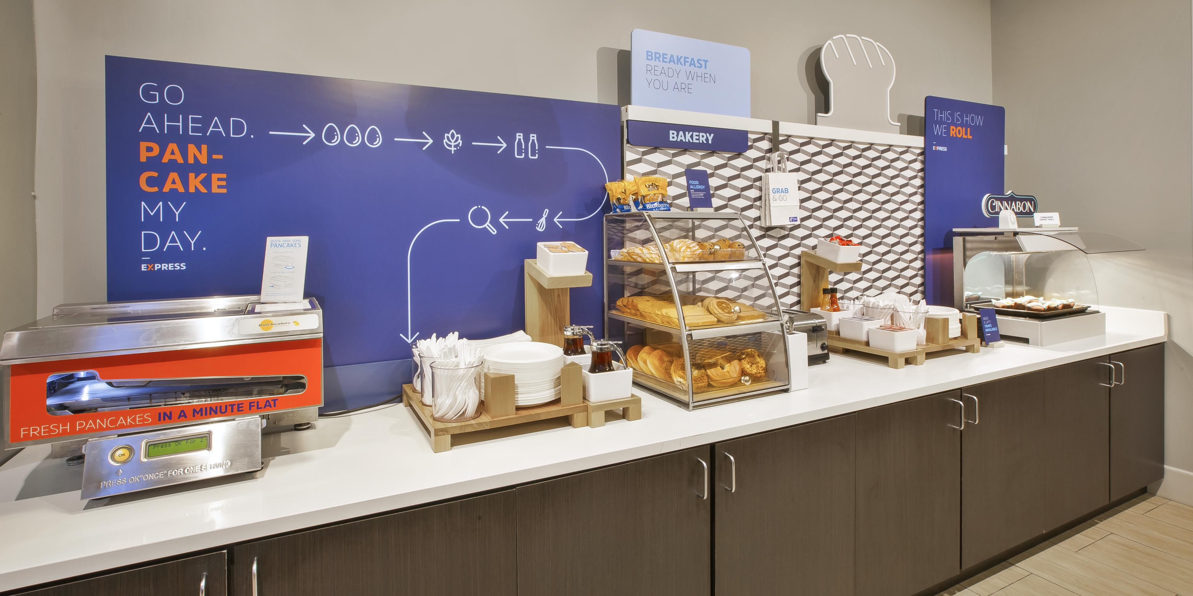 You can be sure to start your morning right with fresh hot breakfast in our lobby. Our hotel features a complimentary "Express Start" hot breakfast buffet that includes eggs, waffles, cinnamon rolls, and freshly brewed coffee.