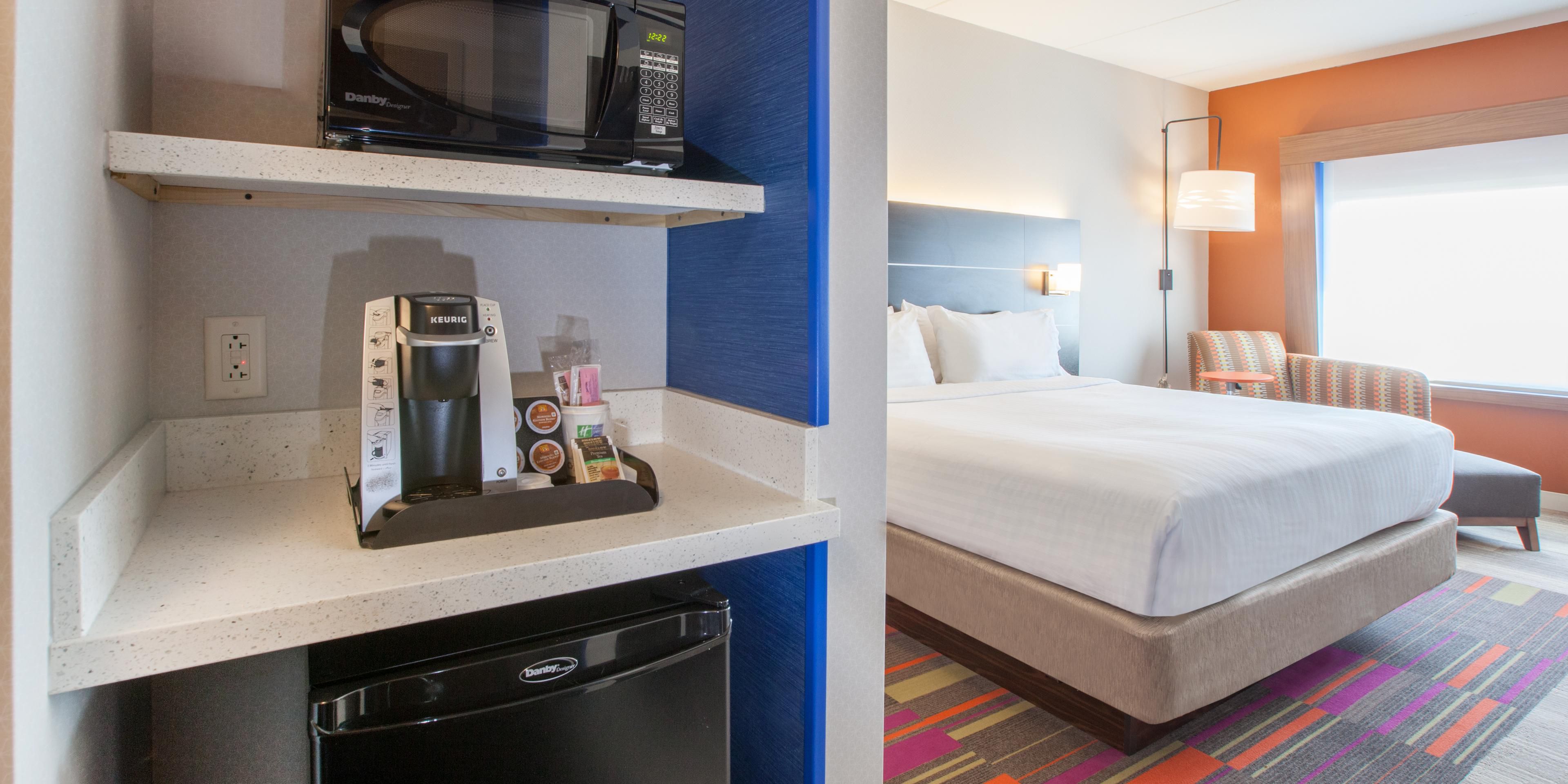 Spacious guest rooms feature multiple charging options for today's travelers. All rooms feature Keurig Coffee Maker, refrigerator & microwave.