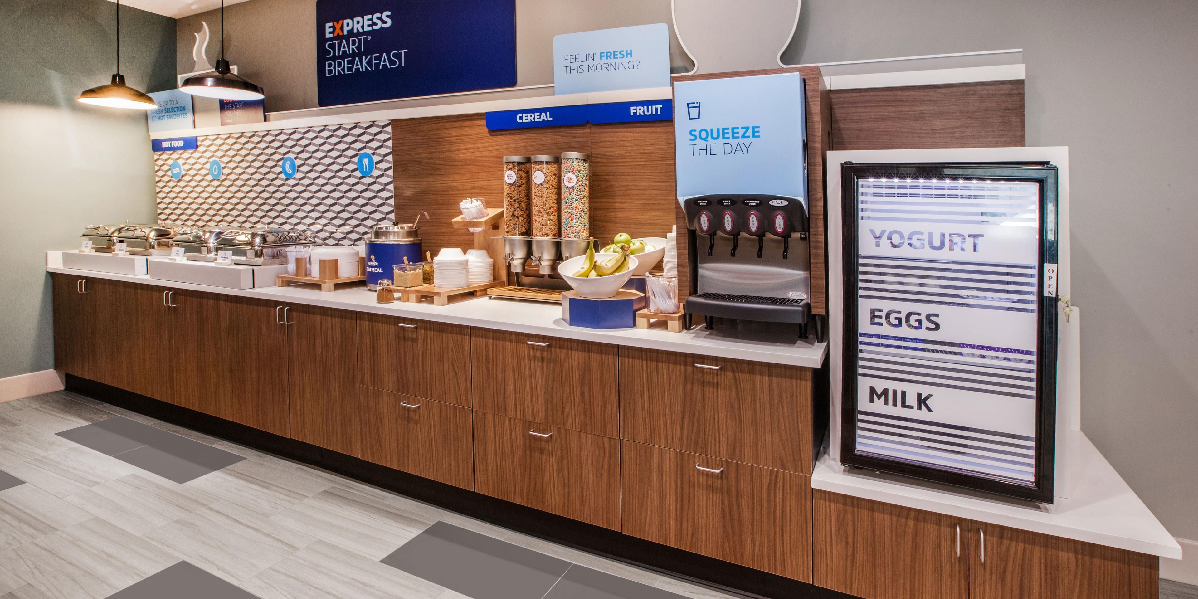Start the morning off right with our complimentary Express Start breakfast. Our hotel is offering a hot breakfast bar with safety enhancements and includes a variety of hot and continental breakfast items.