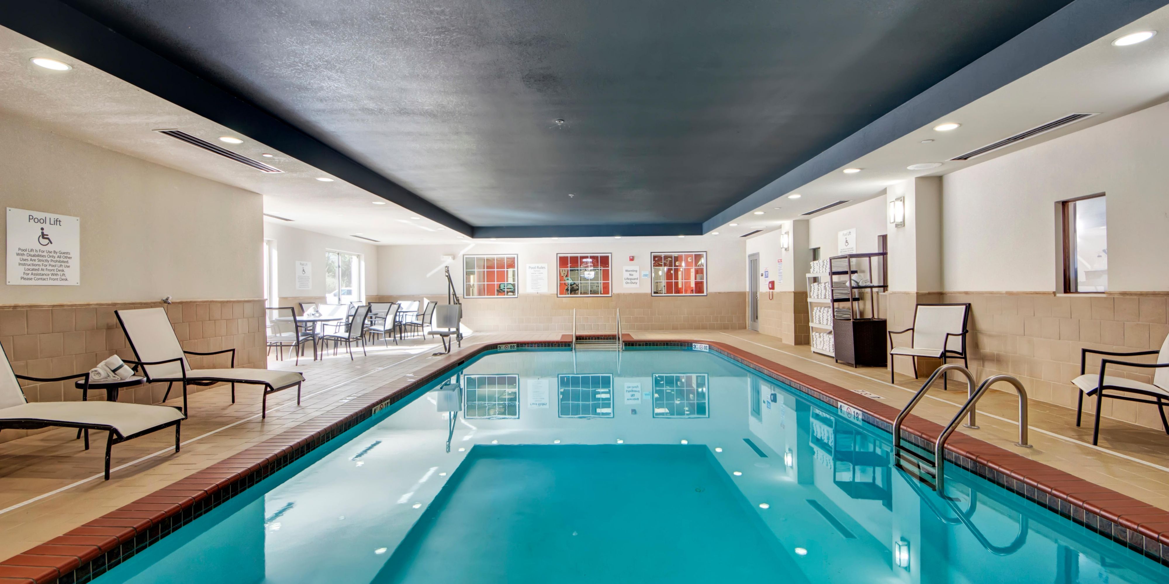 Don't skip a beat on your workout routine when you travel.  Take a few laps in our indoor heated pool