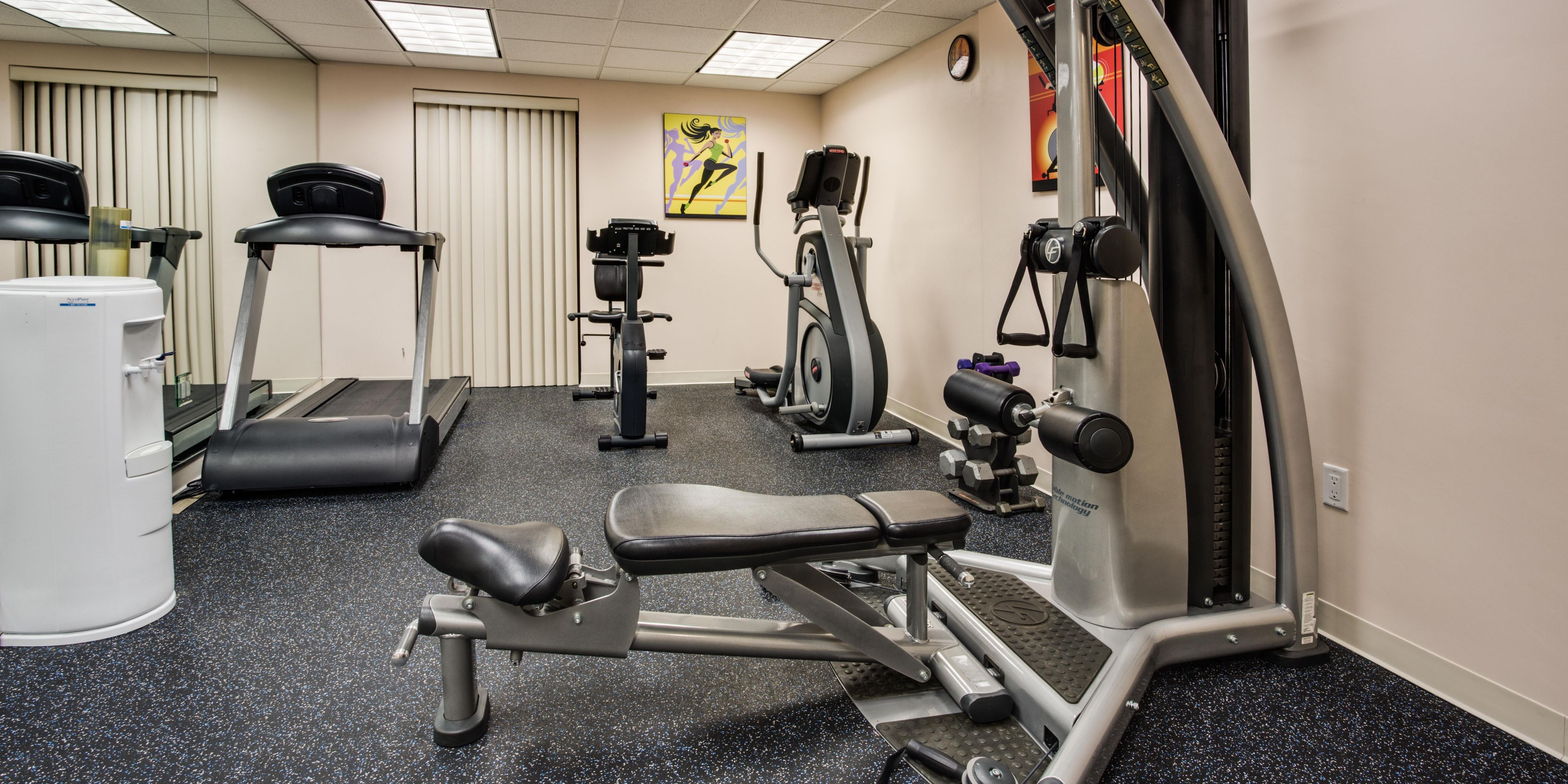 Complimentary Fitness Center features an elliptical machine, stationary bike, treadmill, and universal weight machine. Please reserve your time slot at our Front Desk. One person and/or party reservation up to four people maximum. Hours of Operation: 6:00 AM to 9:00 PM daily.
