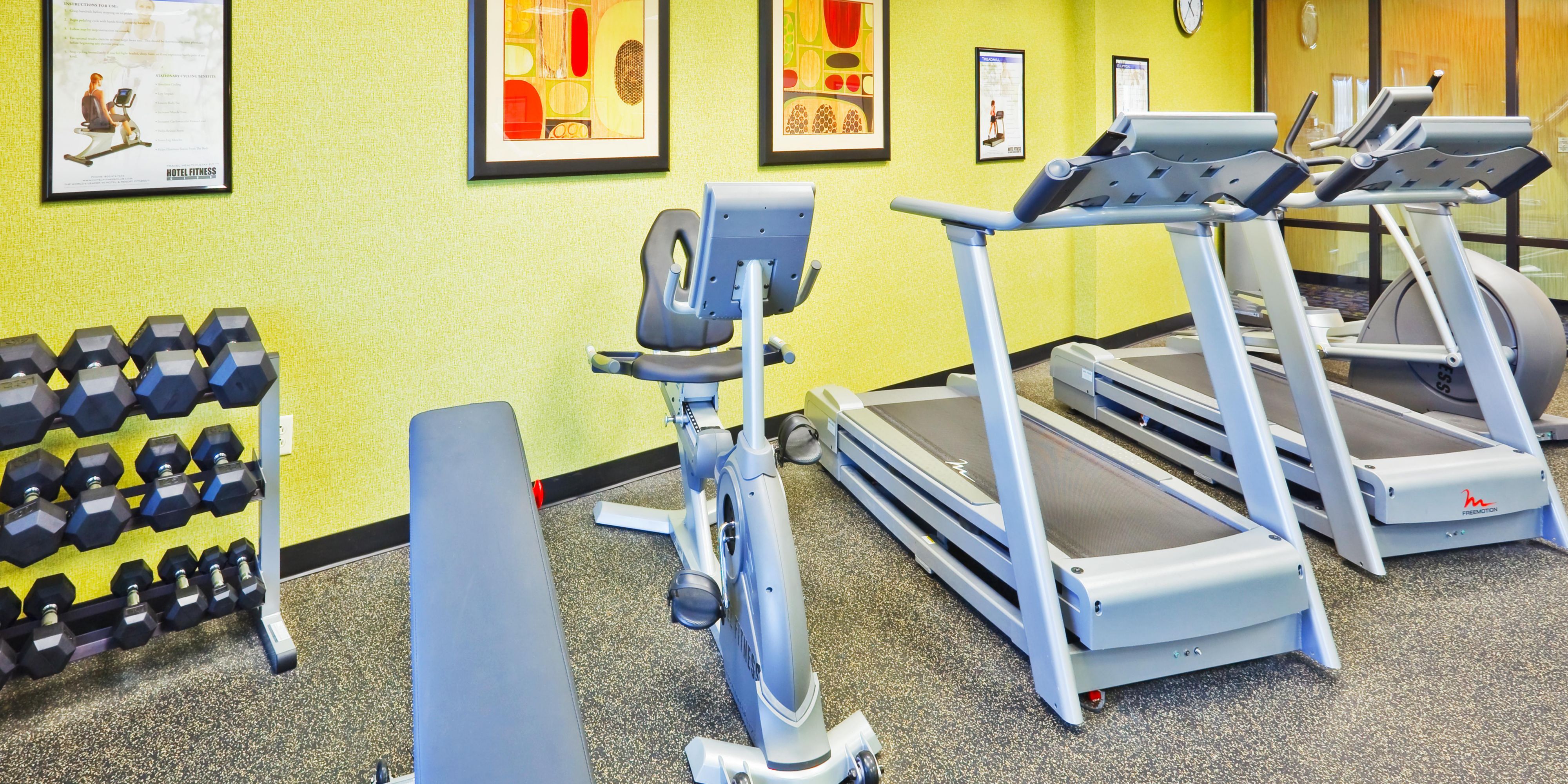 Fit travelers, don't sweat it, we've got you covered! You're welcome to go for a swim in our heated indoor pool or enjoy an invigorating workout in our complimentary Fitness Center. You'll find treadmills, elliptical machines, free weights or a stationary bicycle available just for you! Stay smart and fit when you stay with us!