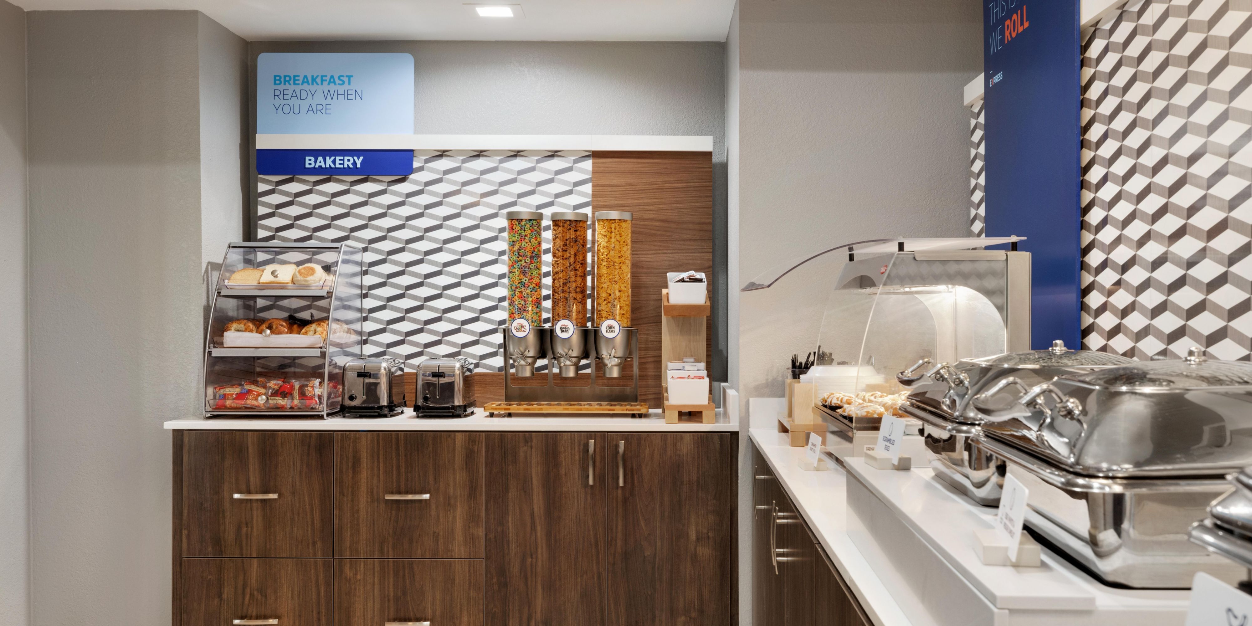 Kick start your day with fresh, hot, complimentary breakfast your way. Choose from a variety of hot and cold options, from tasty eggs, to healthy options like Chobani yogurt, to our popular cinnamon rolls, a family favorite.  Our breakfast is open Monday through Friday from 5:30am to 9am and on Saturday and Sunday's from 7am to 10am. 
