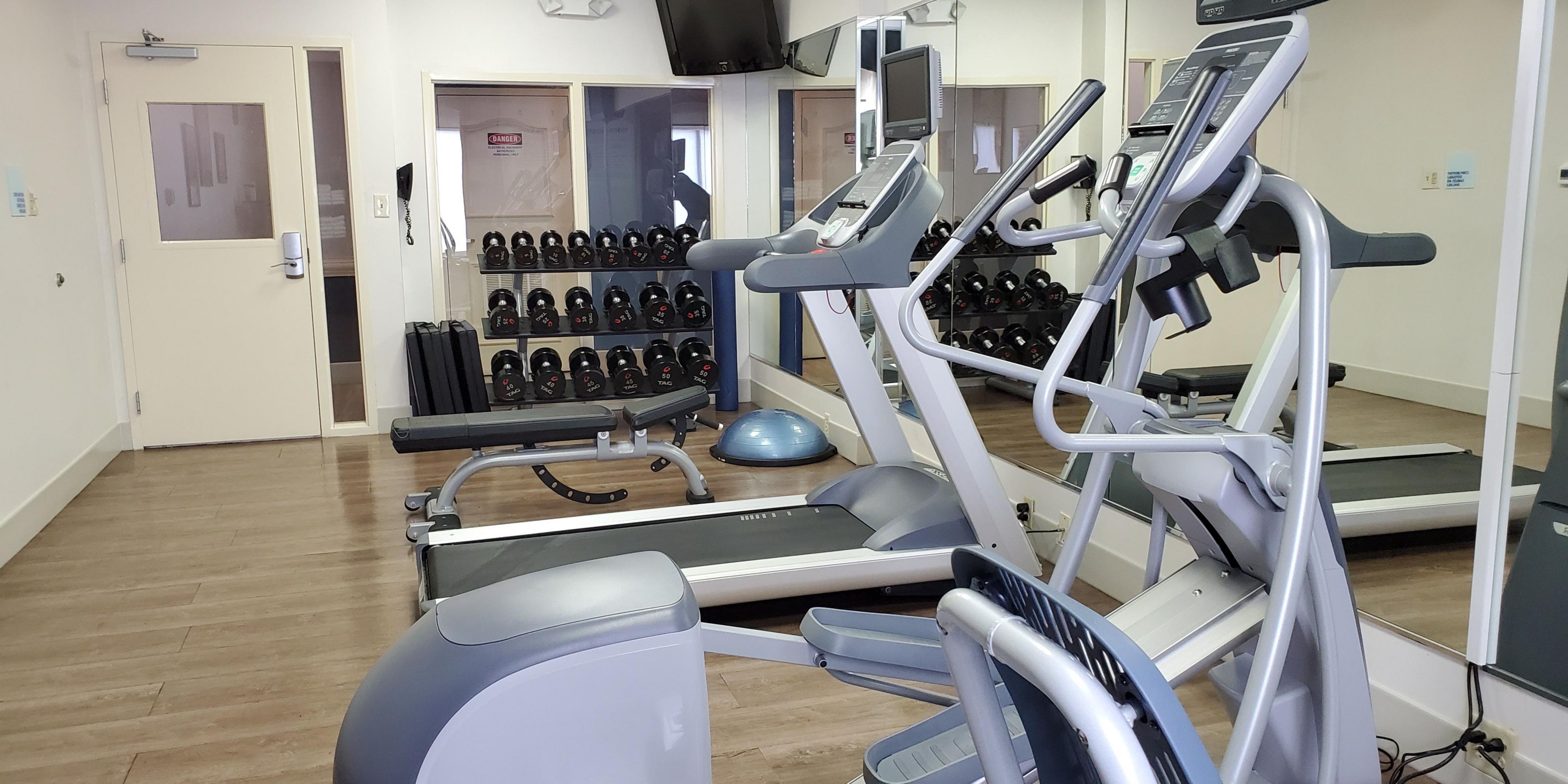 Our 24-hour, key access fitness center has a variety of top-of-the-line equipment for our hotel guests. Conveniently located on the ground floor of the hotel and well stocked with fresh, clean towels, a water cooler, and sanitizing products.
