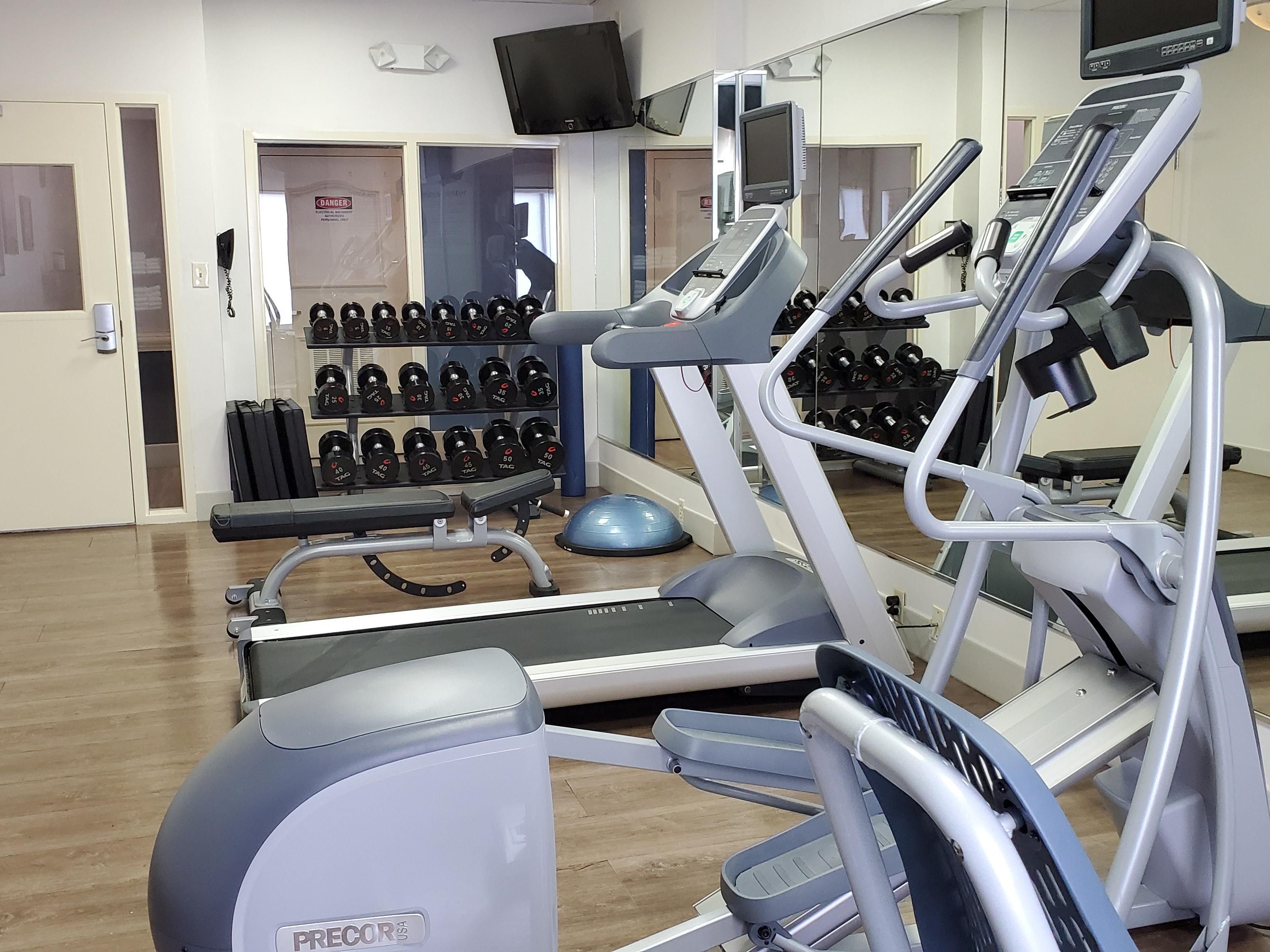 Our 24-hour, key access fitness center has a variety of top-of-the-line equipment for our hotel guests. Conveniently located on the ground floor of the hotel and well stocked with fresh, clean towels, a water cooler, and sanitizing products.
