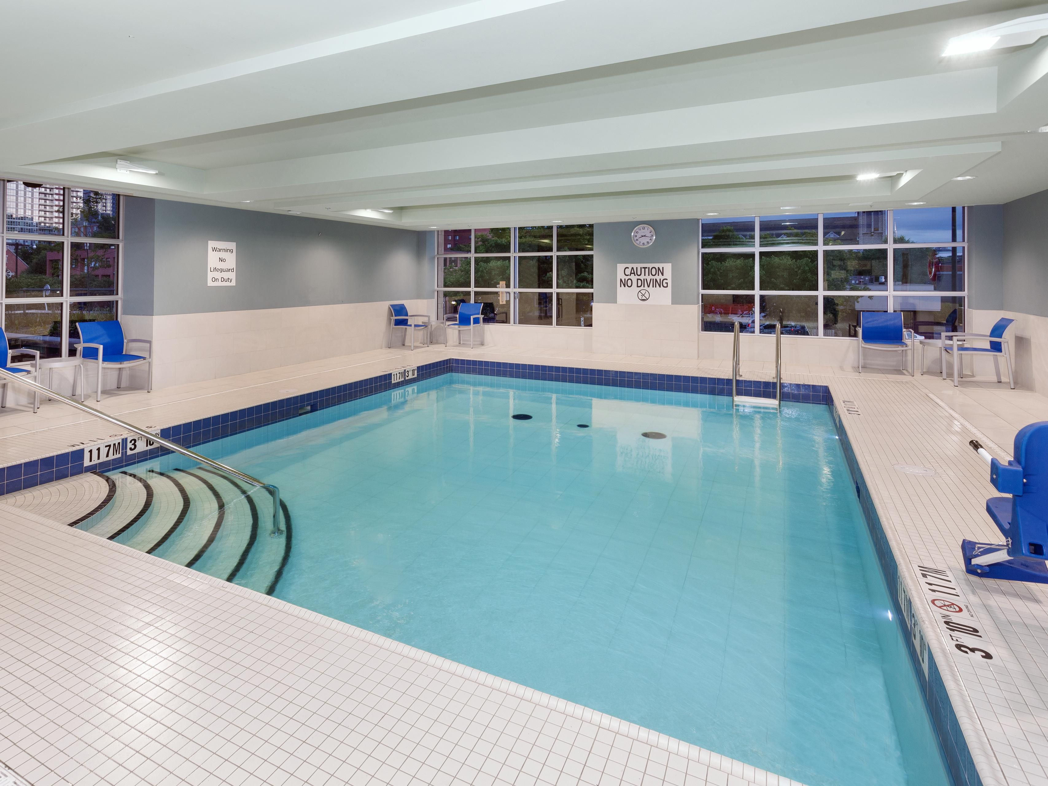 Float, splash, and swim in our heated indoor pool, open year-round. Enjoy a pool lift for full accessibility, comfortable poolside chairs to watch the kids play, and fresh towels to dry off with after the fun wraps up for the day.