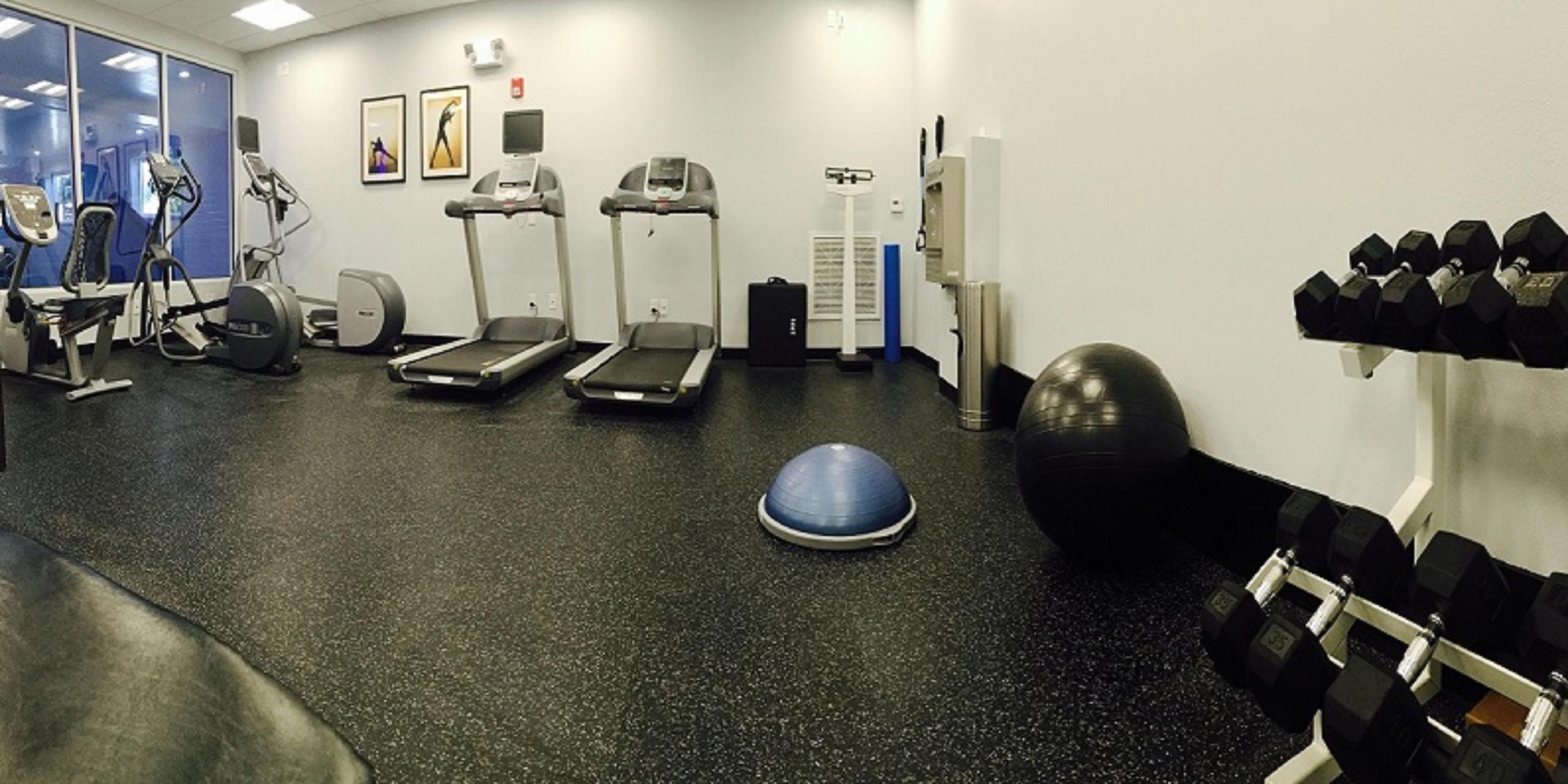 Get your sweat on in our complimentary, fully equipped fitness center with treadmill, bike, resistance band, free weights, exercise ball open 24 hours.