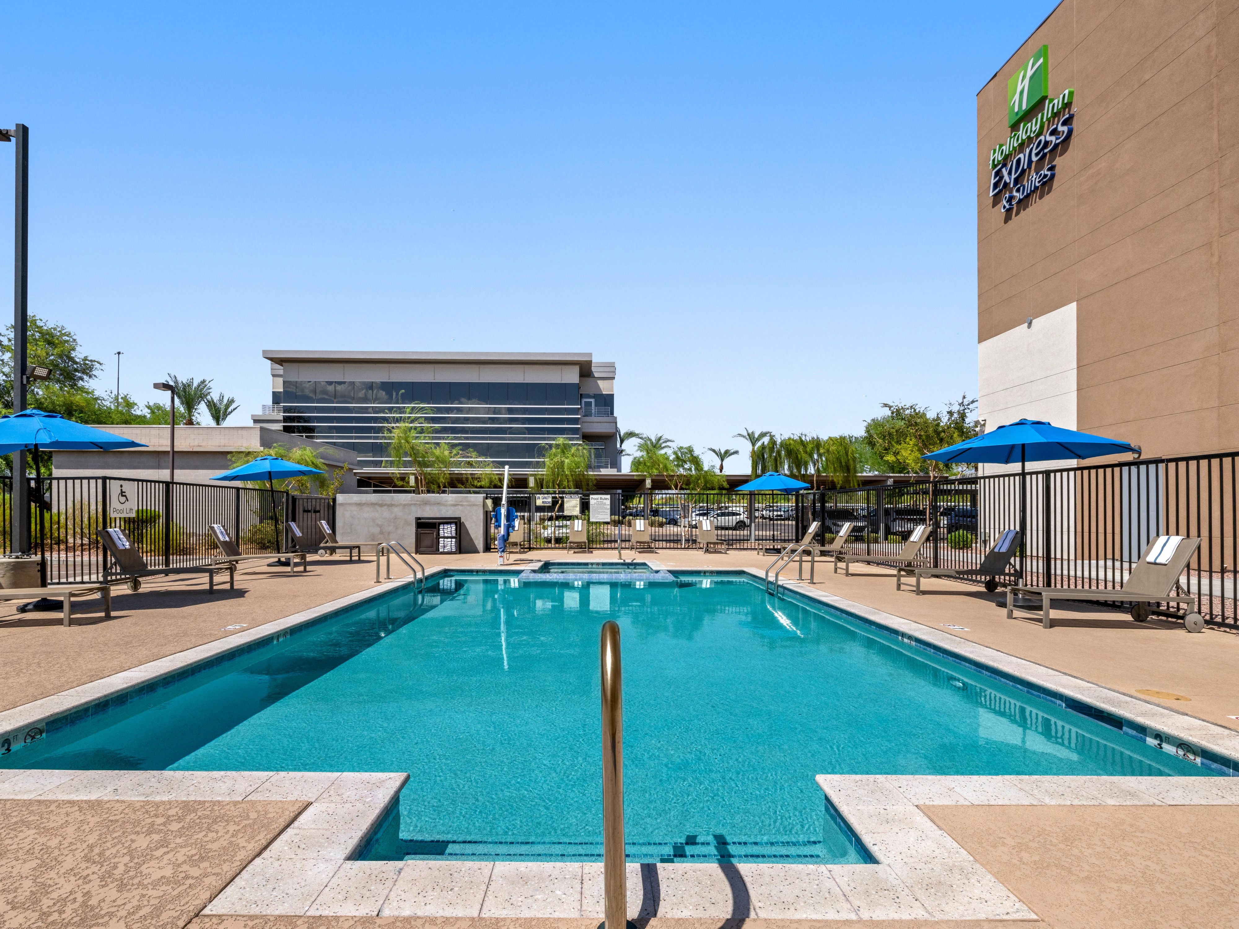 Thoughtful amenities await at our pet-friendly hotel in Phoenix! Start each day with our free Express Start® Breakfast buffet, get energized in our 24-hour Fitness Center, and relax at our outdoor pool and whirlpool. Take advantage of free parking, EV chargers, and free Wi-Fi. We provide everything you need for a relaxing stay in Phoenix.