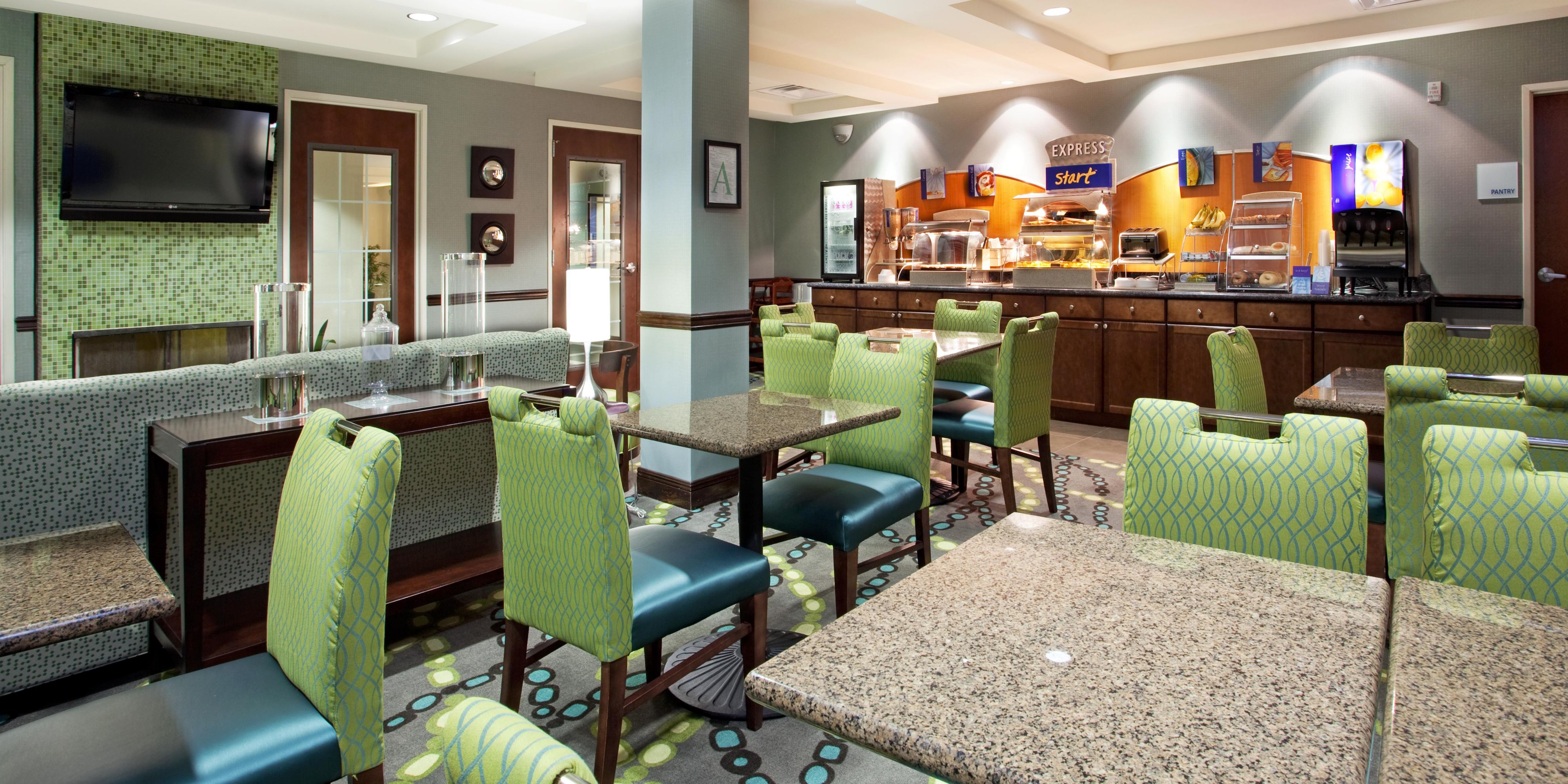 Our complimentary Express Start Breakfast bar offers a wide variety of hot & cold options including a rotation of egg & meat selections, biscuits or muffins, fruit, our famous cinnamon rolls & Smart Roast coffee.  Did we mention our one-touch pancake machine or our freshly cooked oatmeal kettle? You have to see it for yourself!  