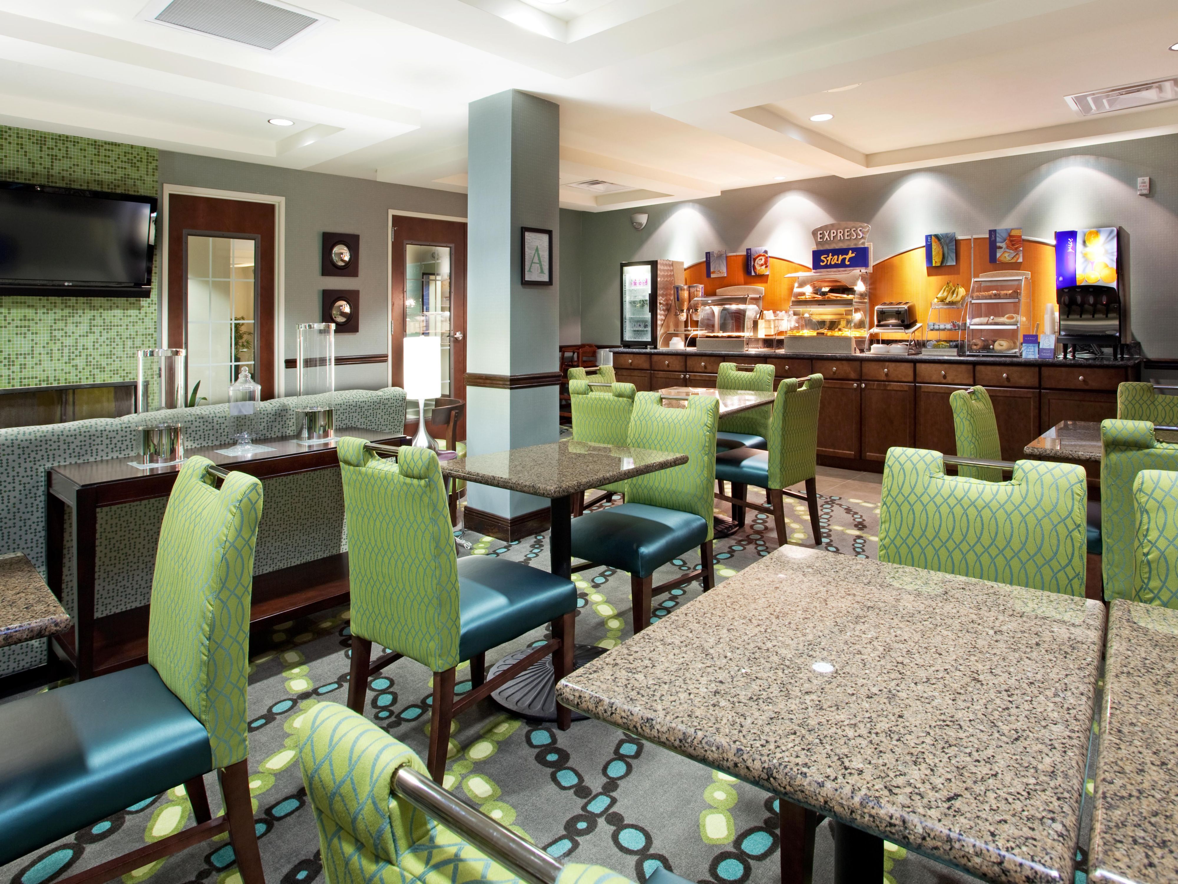 Our complimentary Express Start Breakfast bar offers a wide variety of hot & cold options including a rotation of egg & meat selections, biscuits or muffins, fruit, our famous cinnamon rolls & Smart Roast coffee.  Did we mention our one-touch pancake machine or our freshly cooked oatmeal kettle? You have to see it for yourself!  