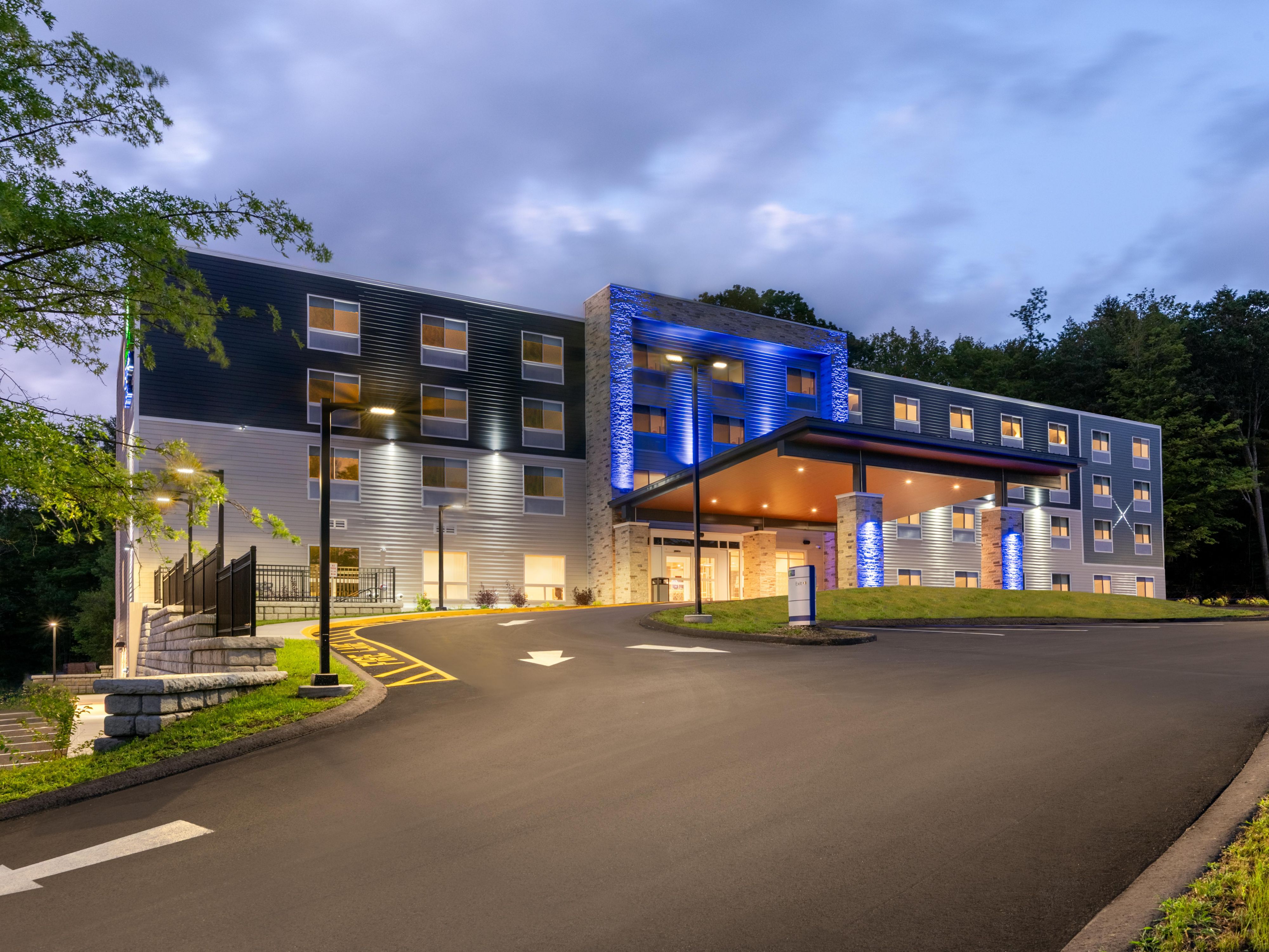 Exterior of hotel at dusk