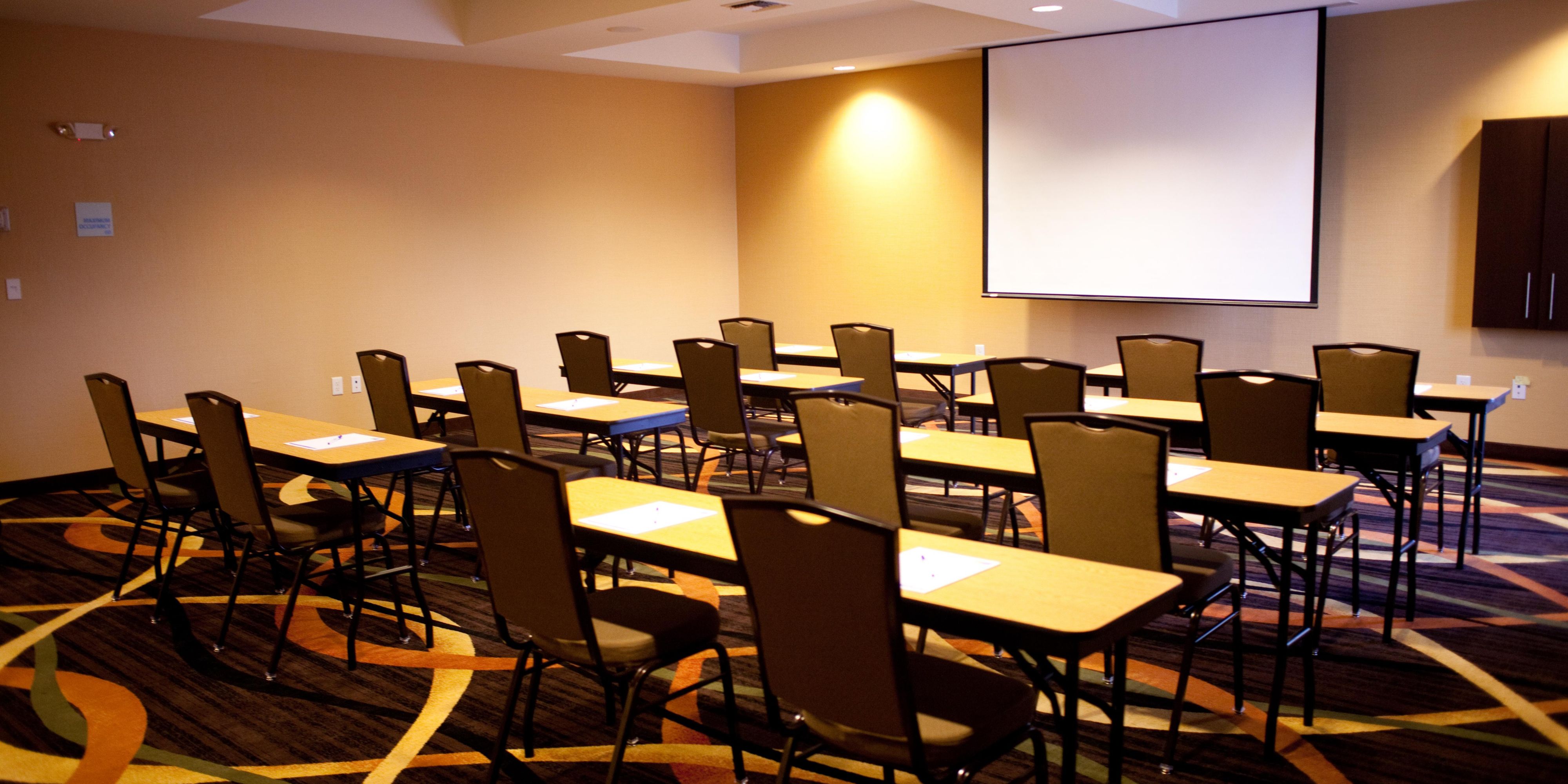Allow us to host your next meeting. We offer 940 square feet of meeting space that includes all the essentials for a perfect meeting. Take advantage of multiple room set-ups for up to 50 attendees, A/V projector and drop down screen, whiteboard, business center and more.