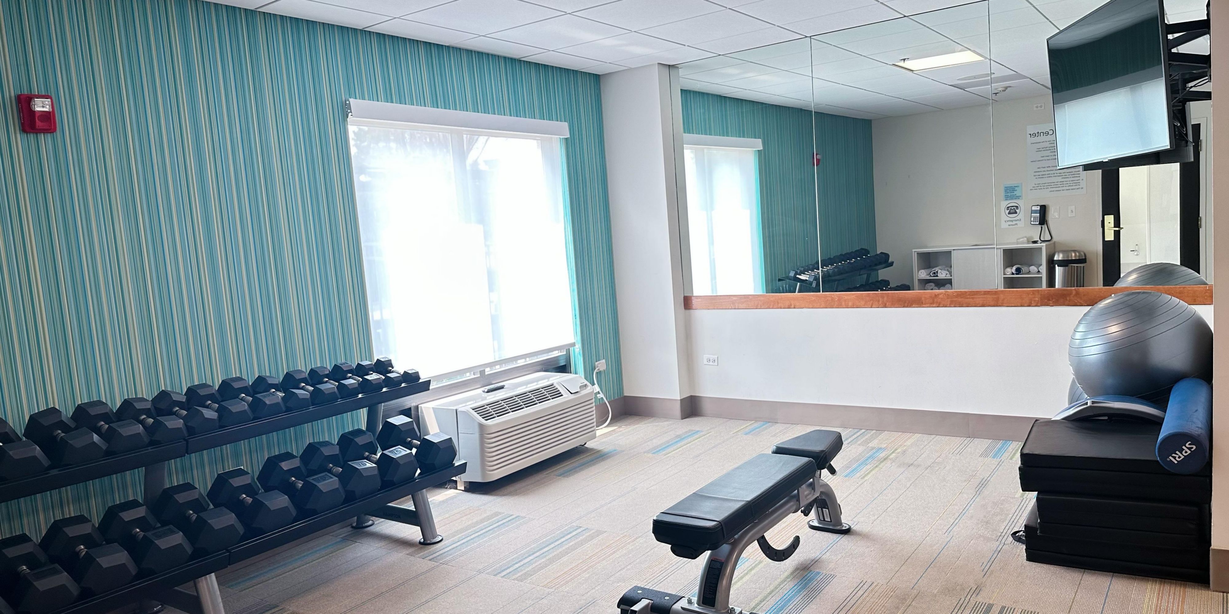 Never skip leg day! Join us in our complimentary fitness center equipped with aerobic options as well as free weights ranging from 10 to 75lbs.