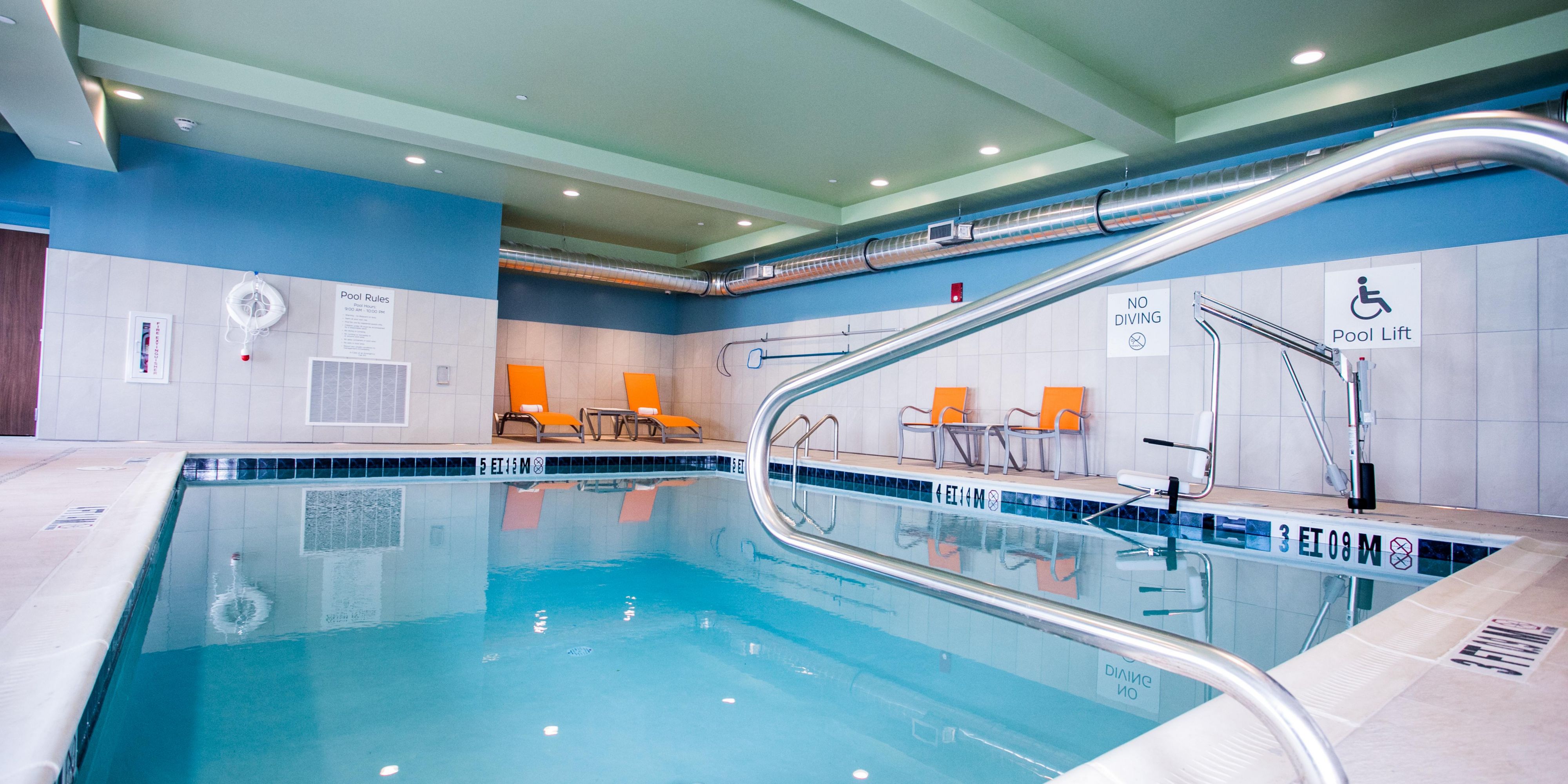 Get energized with a refreshing swim first thing in the morning. Our heated indoor pool opens at 9:00 AM, so you can take a dip and then enjoy our free Express Start™ Breakfast and freshly brewed coffee. Swim laps, splash with your kids, or relax in the pool and unwind at the end of the day. The pool closes at 10:00 PM.