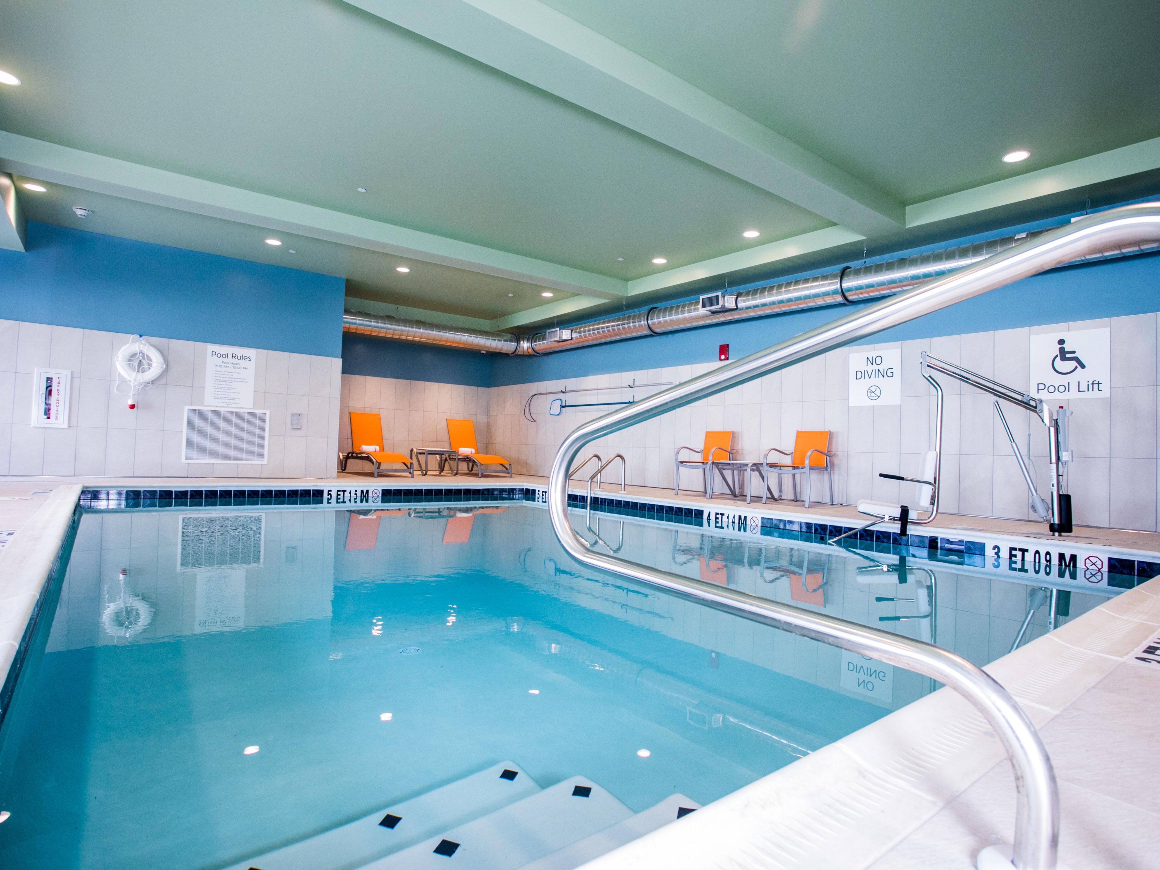 Get energized with a refreshing swim first thing in the morning. Our heated indoor pool opens at 9:00 AM, so you can take a dip and then enjoy our free Express Start™ Breakfast and freshly brewed coffee. Swim laps, splash with your kids, or relax in the pool and unwind at the end of the day. The pool closes at 10:00 PM.