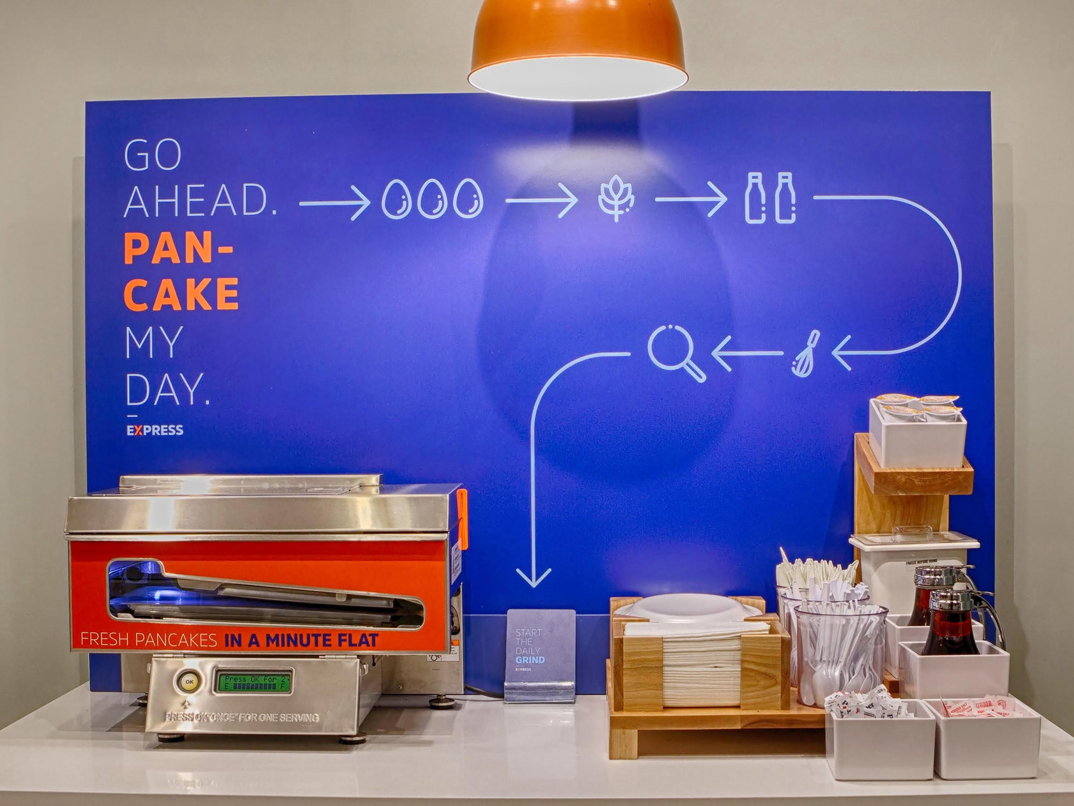 Enjoy complimentary Express Start hot breakfast buffet with grab-n-go options and favorites, such as our signature cinnamon rolls and pancake machine. Offered Monday-Friday from 6:30am-9:30am and Saturday -Sunday from 7:00am to 10:00am. Call us to book your stay with us now!